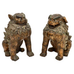 Pair of Antique Chinese Carved Wood Foo Dog Statues