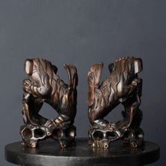 Pair of Antique Chinese Carved Wooden Foo Dogs or Guardian Lion Statues, Qing