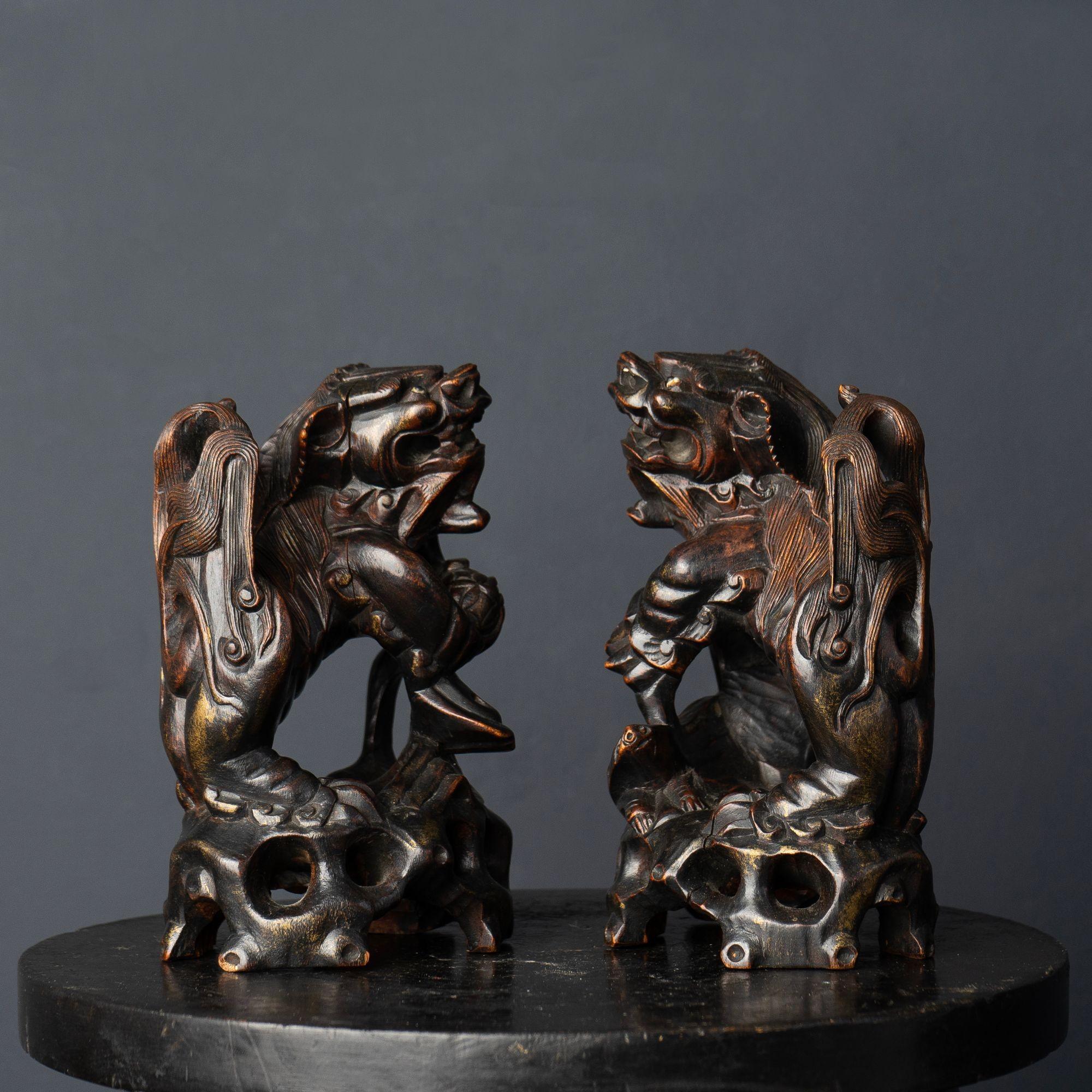Hand-Carved Pair of Antique Chinese Carved Wooden Foo Dogs or Guardian Lion Statues, Qing