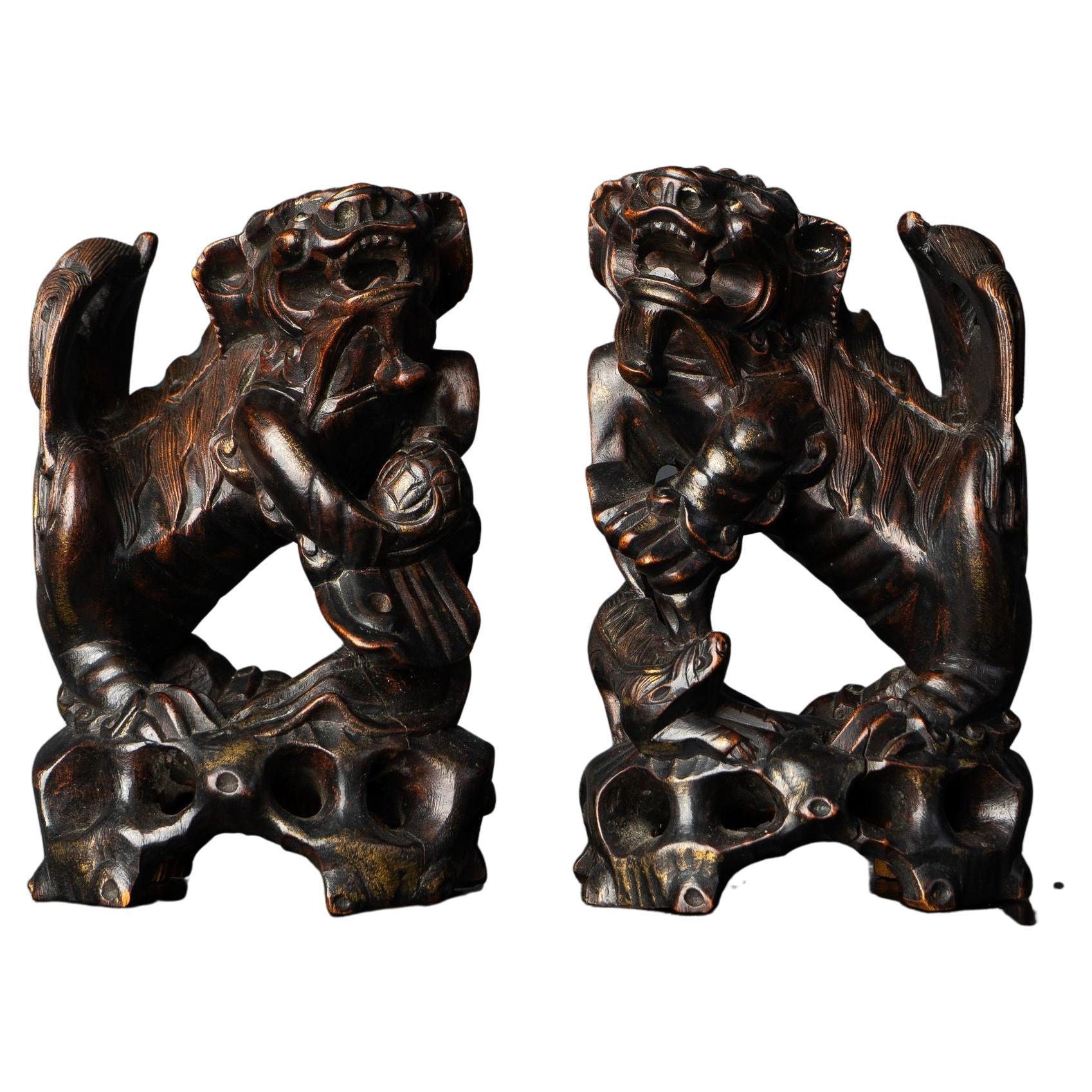 Pair of Antique Chinese Carved Wooden Foo Dogs or Guardian Lion Statues, Qing