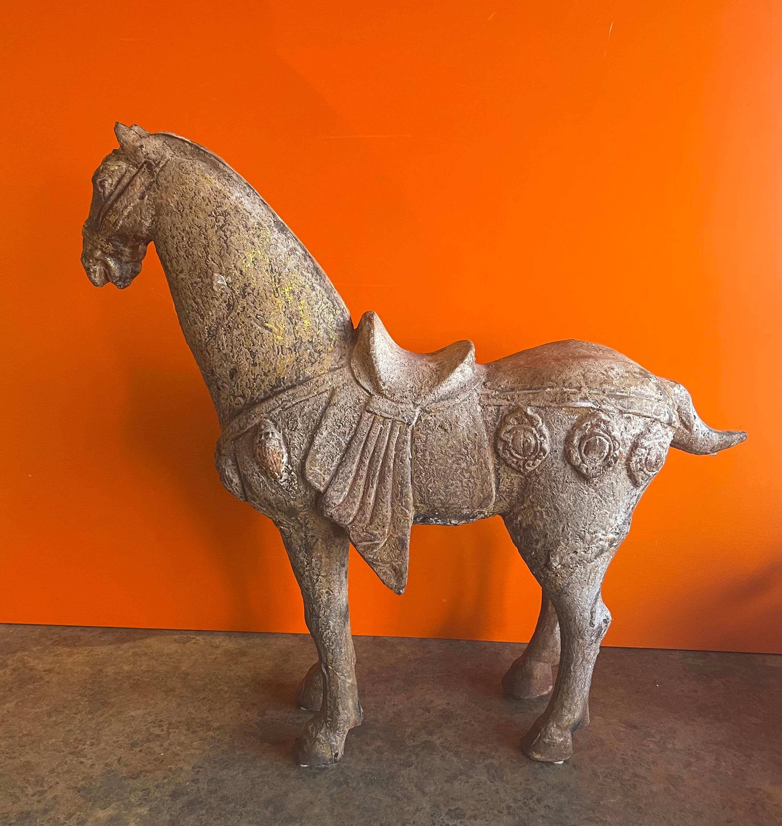 Pair of Antique Chinese Cast Iron T’ang Horse Sculptures In Fair Condition In San Diego, CA