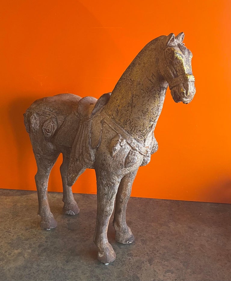 Pair of Antique Chinese Cast Iron T’ang Horse Sculptures For Sale at