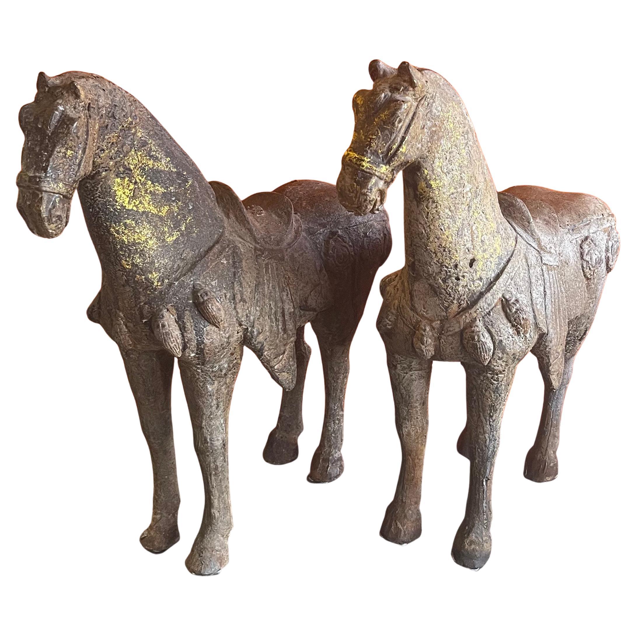 Pair of Antique Chinese Cast Iron T’ang Horse Sculptures