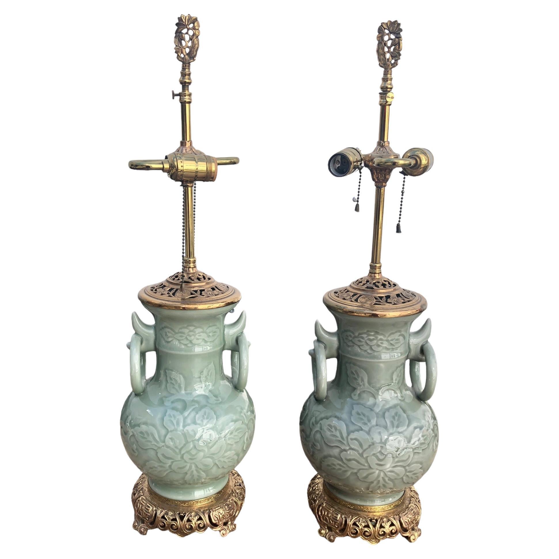 Pair of Antique Chinese Celadon Lamps  For Sale