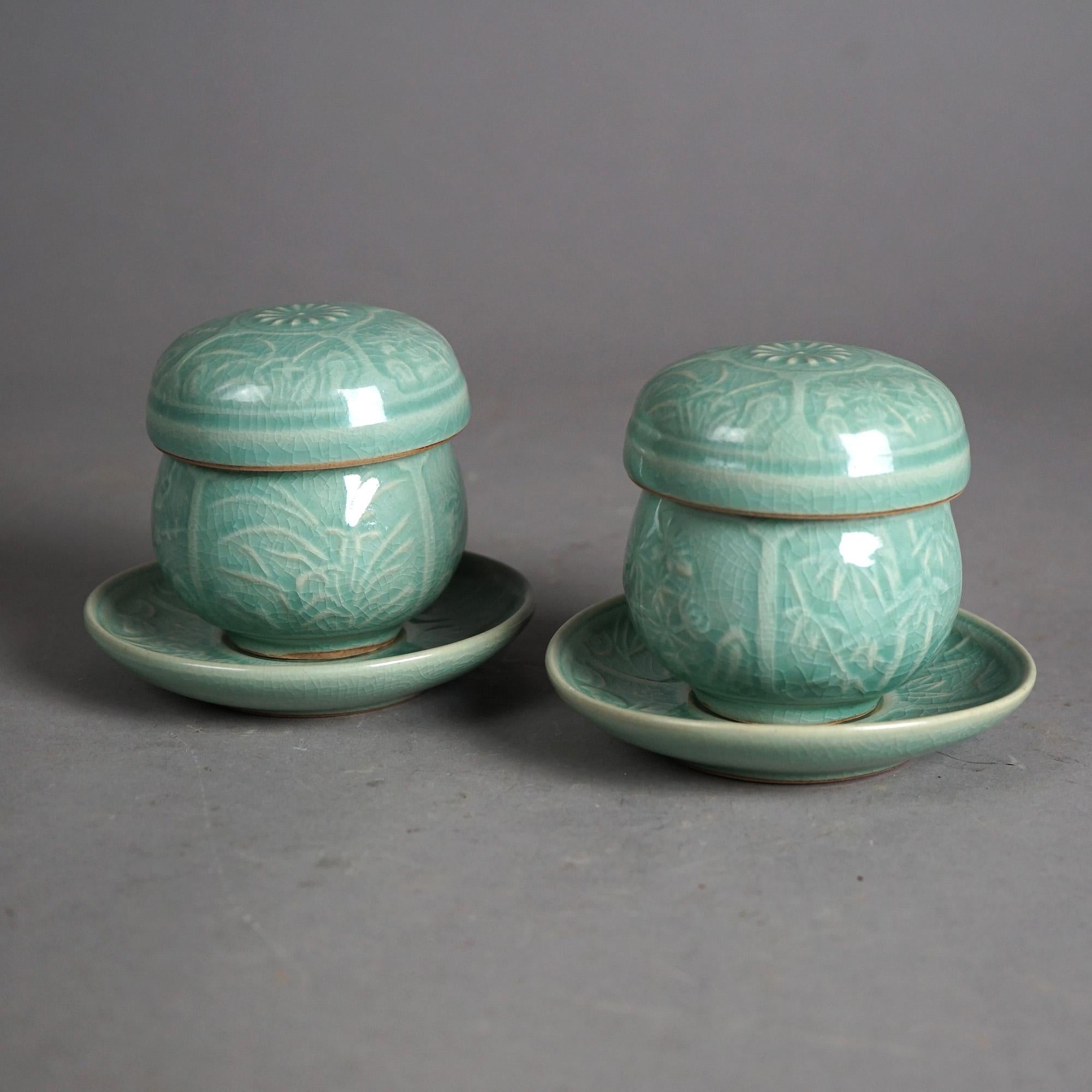 Asian Pair of Antique Chinese Celadon Stamped Teacups with Inserts C1930 For Sale