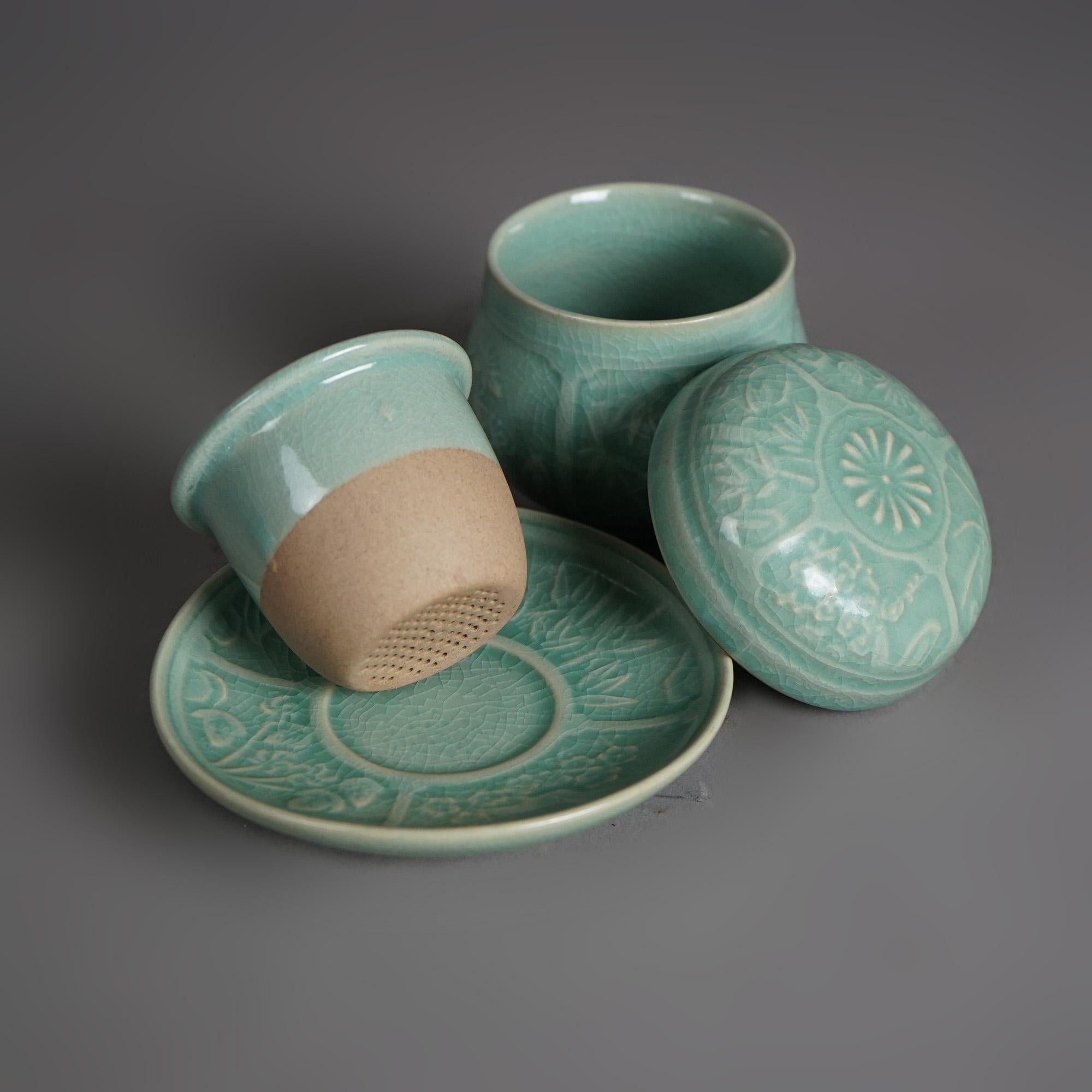 Pair of Antique Chinese Celadon Stamped Teacups with Inserts C1930 In Good Condition For Sale In Big Flats, NY