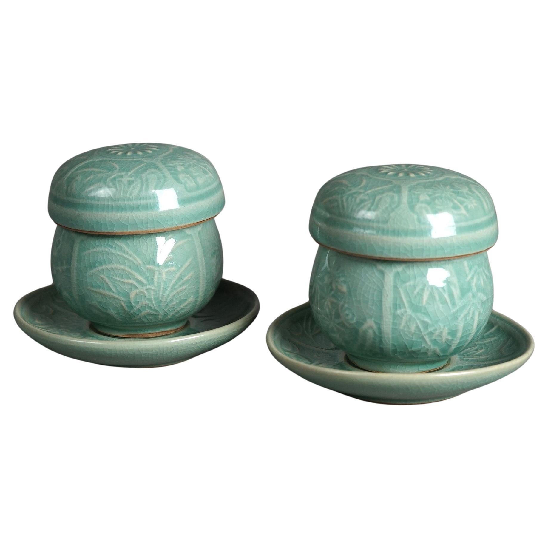 Pair of Antique Chinese Celadon Stamped Teacups with Inserts C1930 For Sale