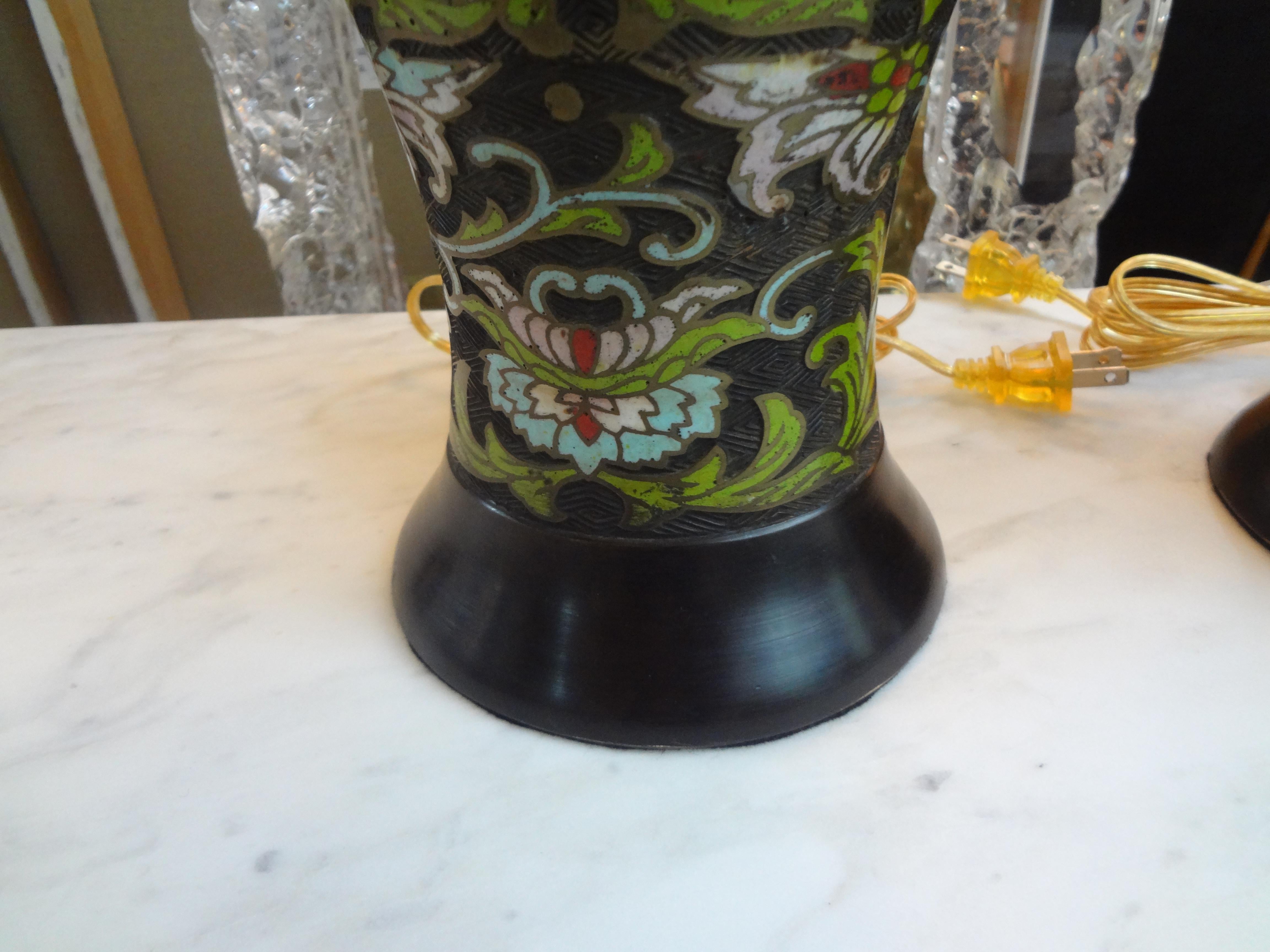 Chinese Export Pair of Antique Chinese Champlevé or Cloisonné Lamps For Sale