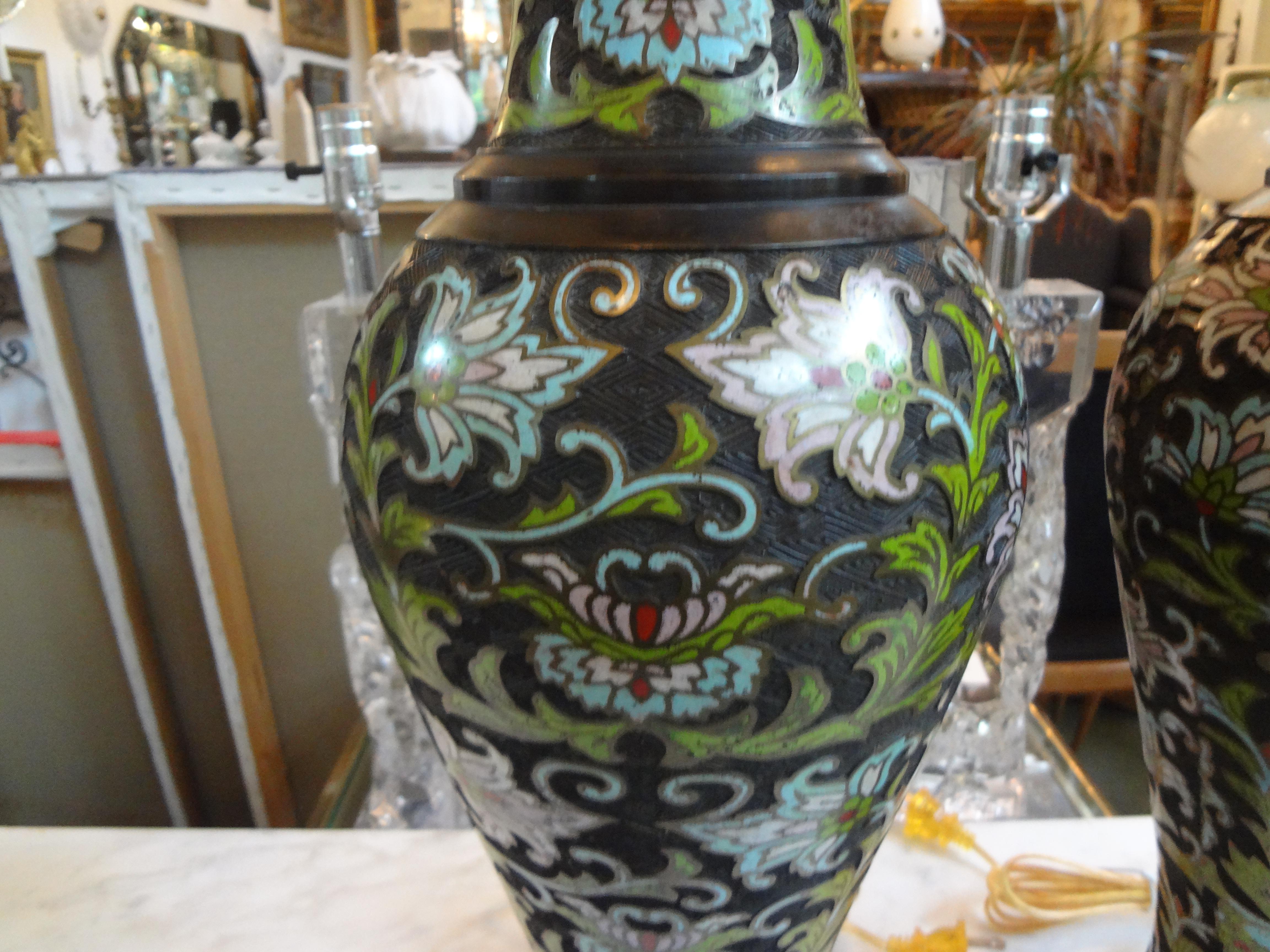 Pair of Antique Chinese Champlevé or Cloisonné Lamps In Good Condition For Sale In Houston, TX