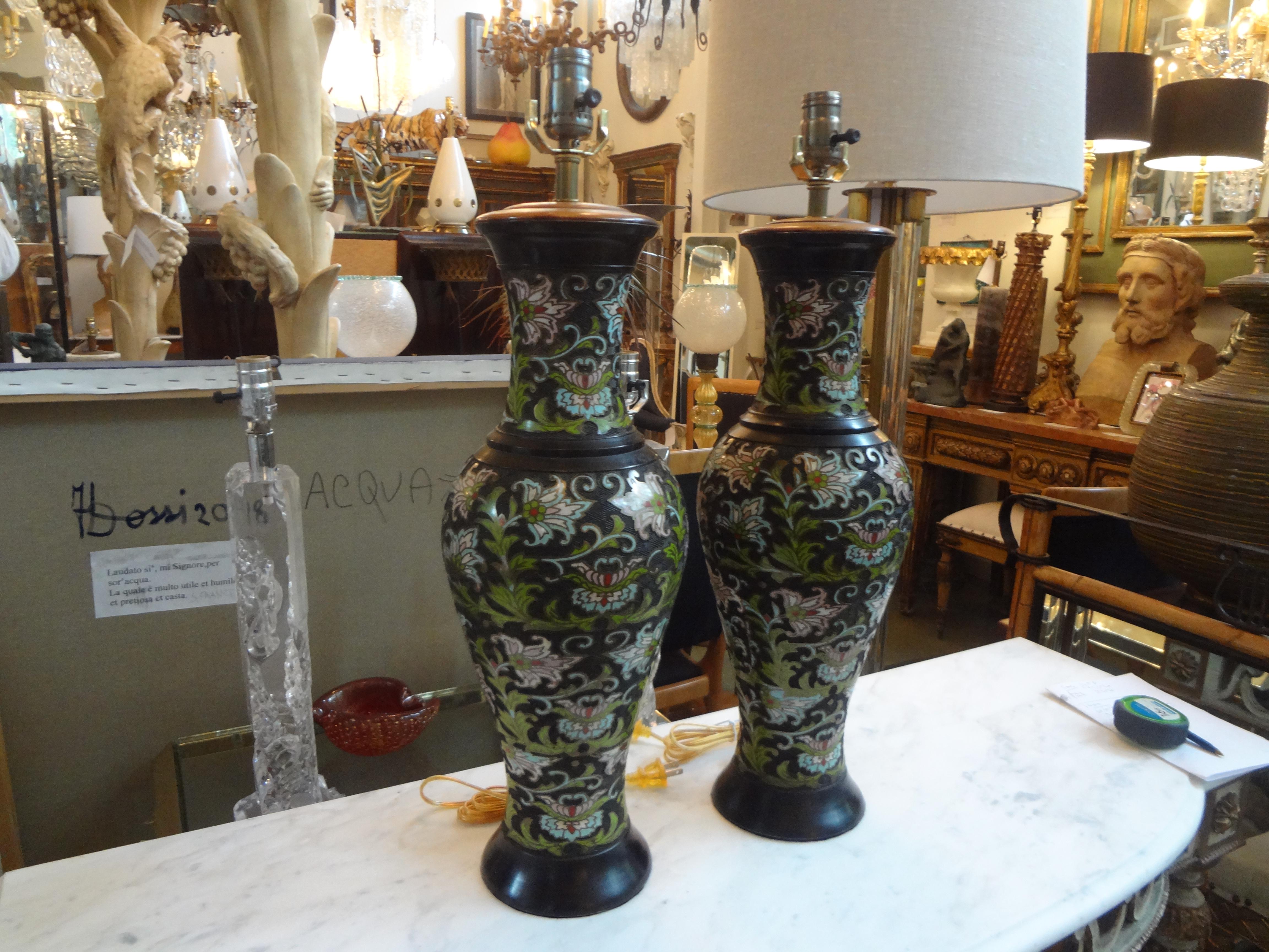 Pair of Antique Chinese Champlevé or Cloisonné Lamps For Sale 1