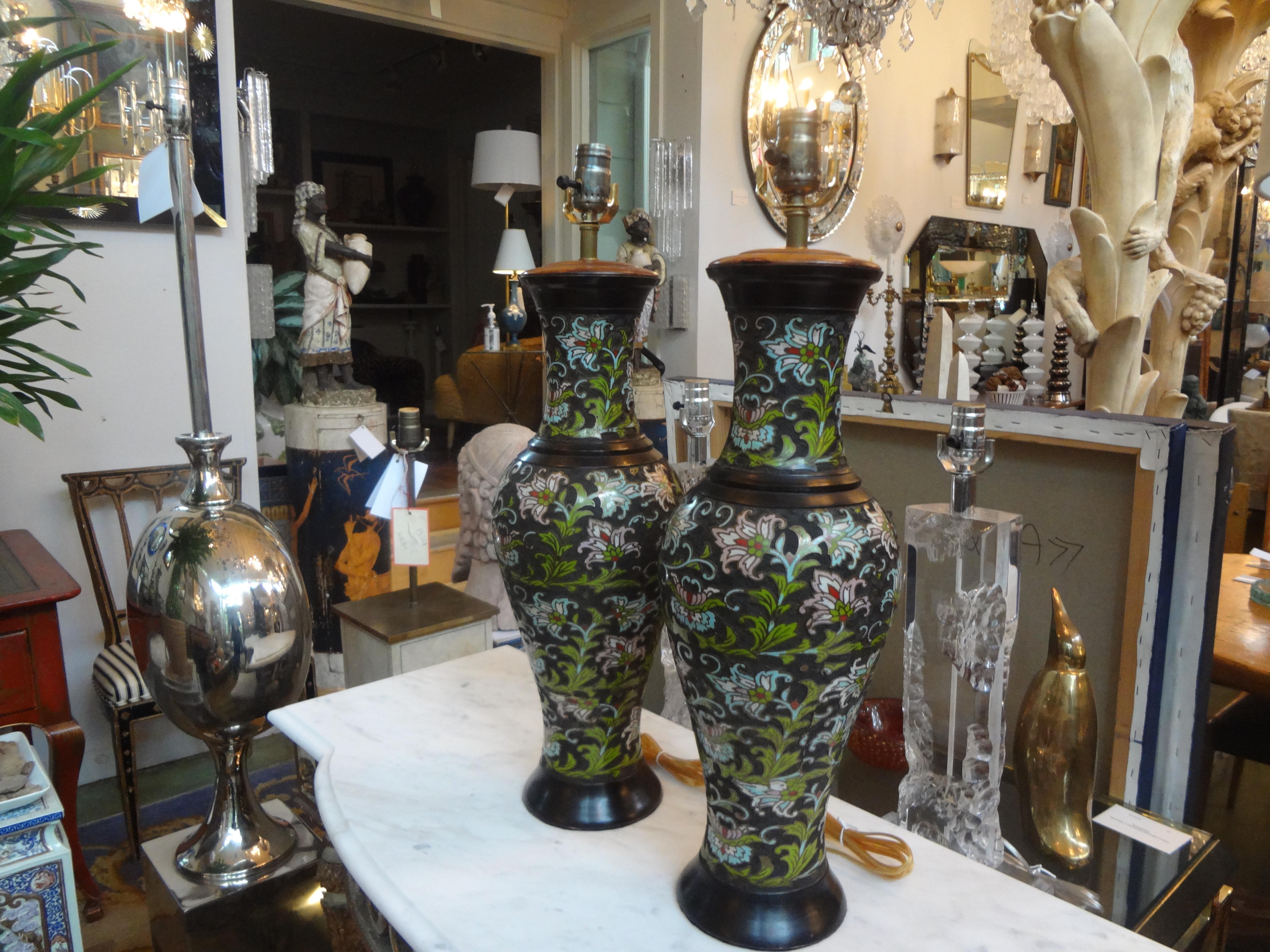 Pair of Antique Chinese Champlevé or Cloisonné Lamps For Sale 2