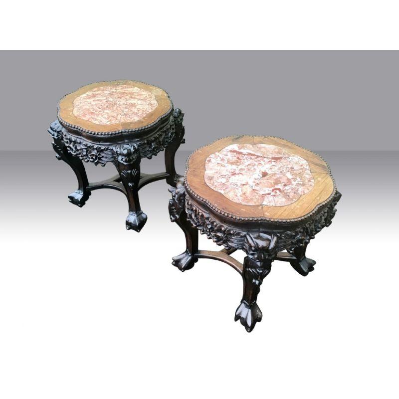 Victorian Pair of Antique Chinese Cherrywood Pot Stand Tables For Sale