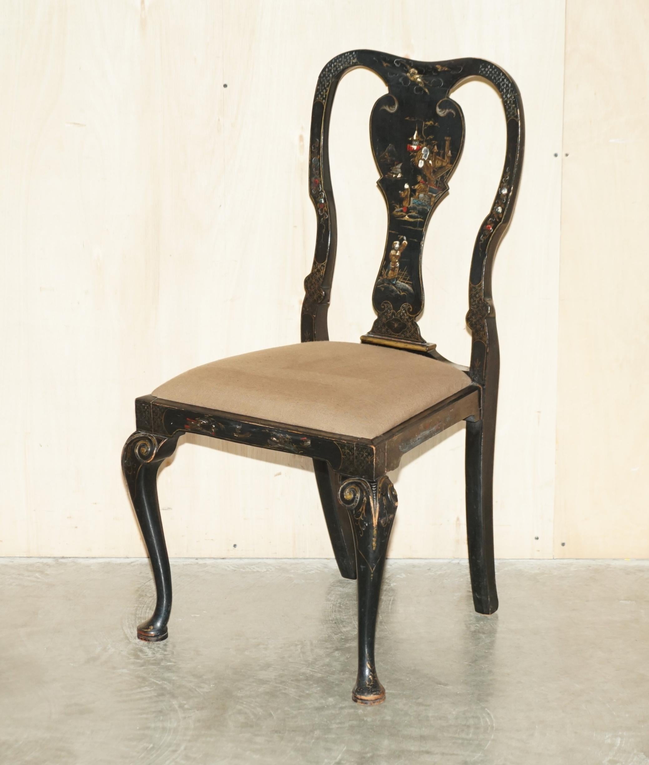 Pair of Antique Chinese Chinoiserie Black Lacquered Georgian Style Side Chairs 14