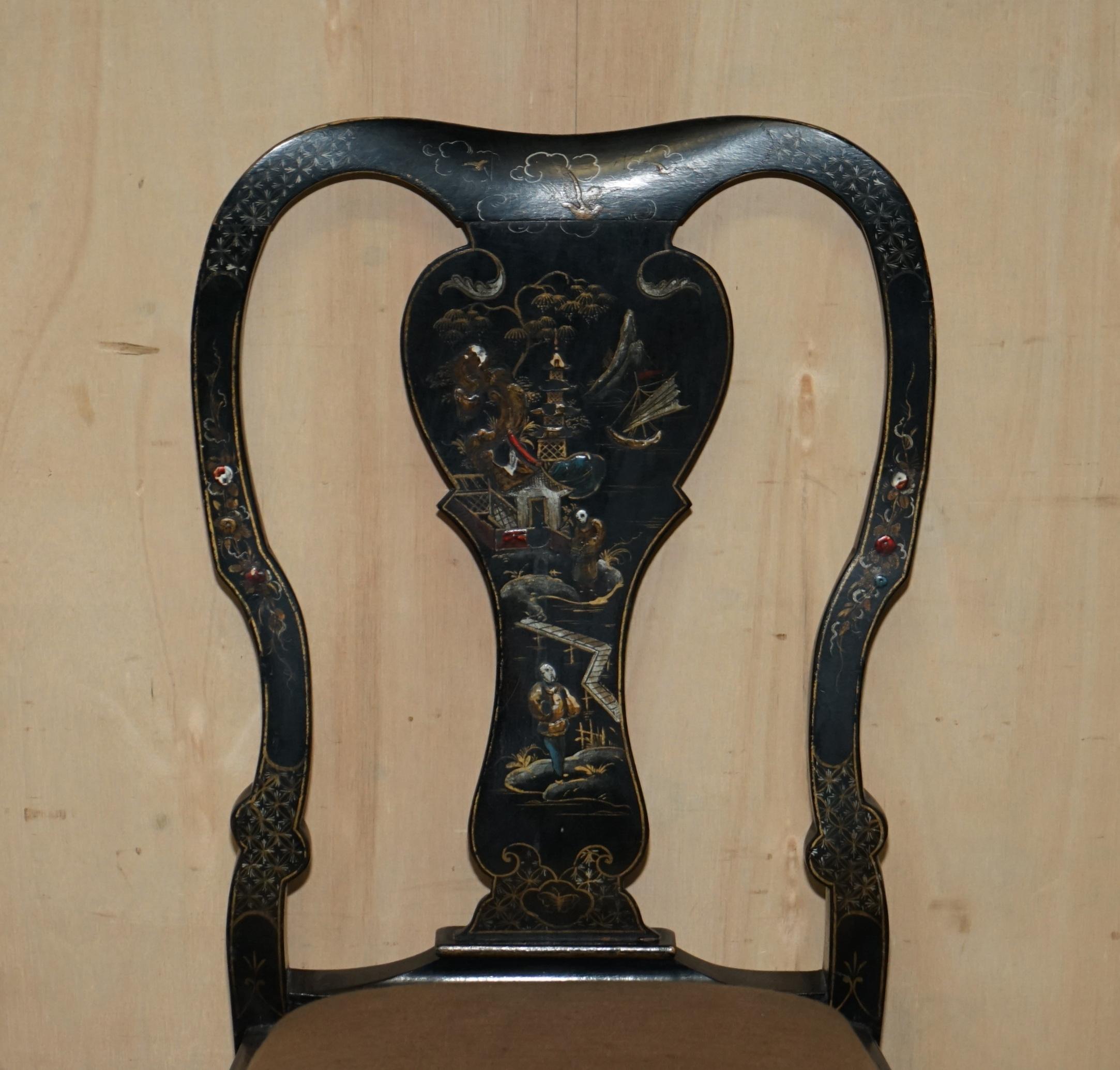 19th Century Pair of Antique Chinese Chinoiserie Black Lacquered Georgian Style Side Chairs