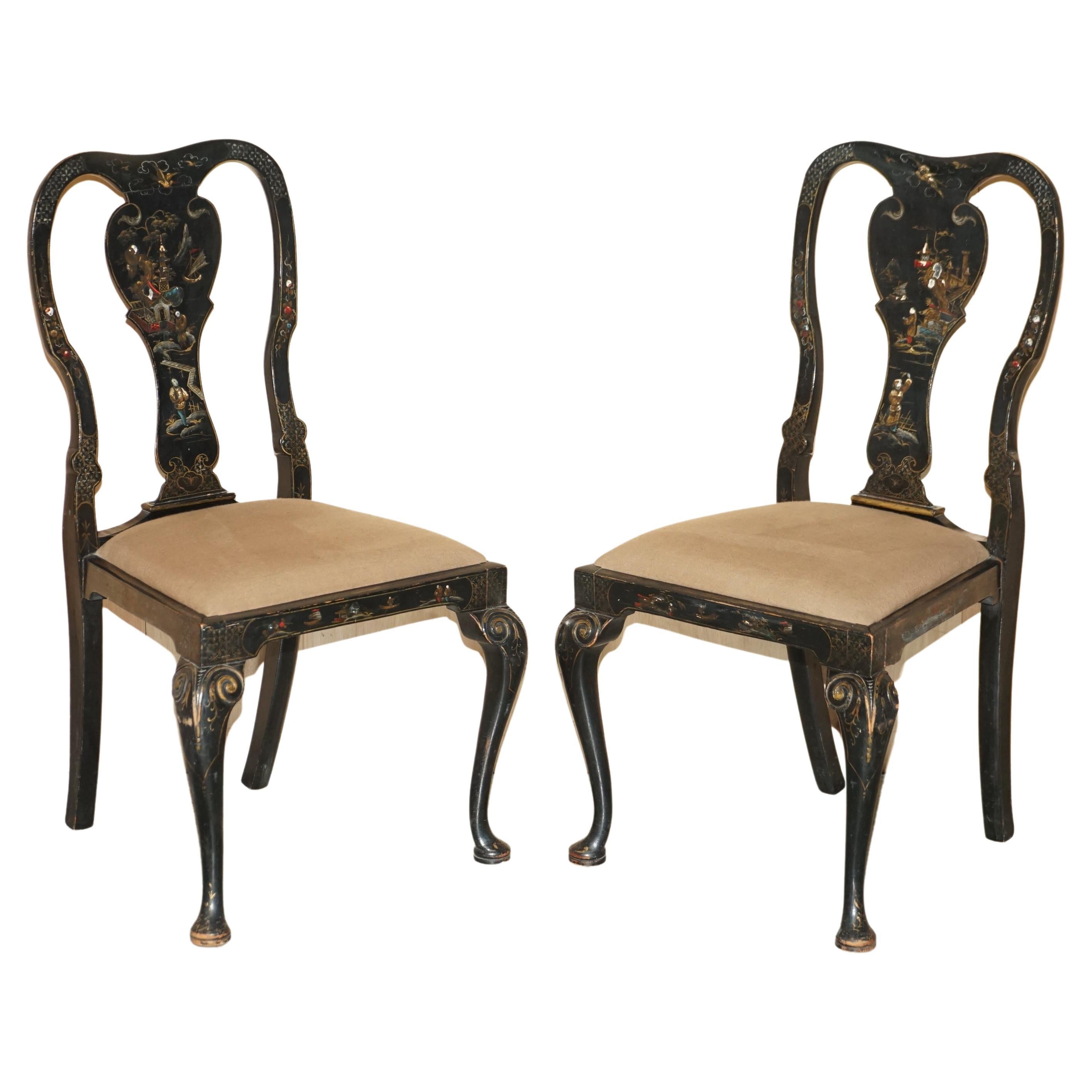 Pair of Antique Chinese Chinoiserie Black Lacquered Georgian Style Side Chairs