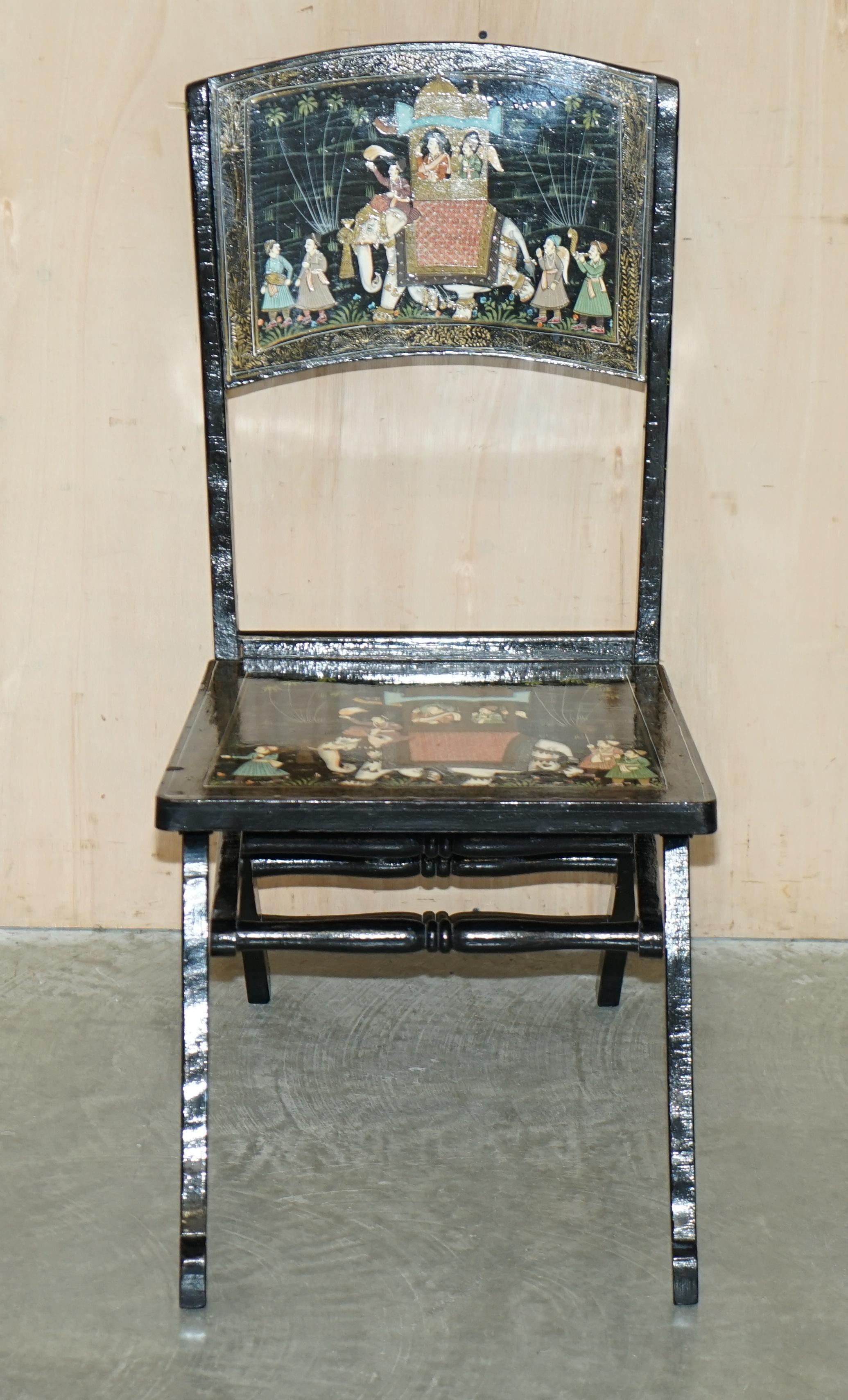 Pair of Antique Chinese Chinoiserie Indian Decoration Campaign Folding Chairs For Sale 12