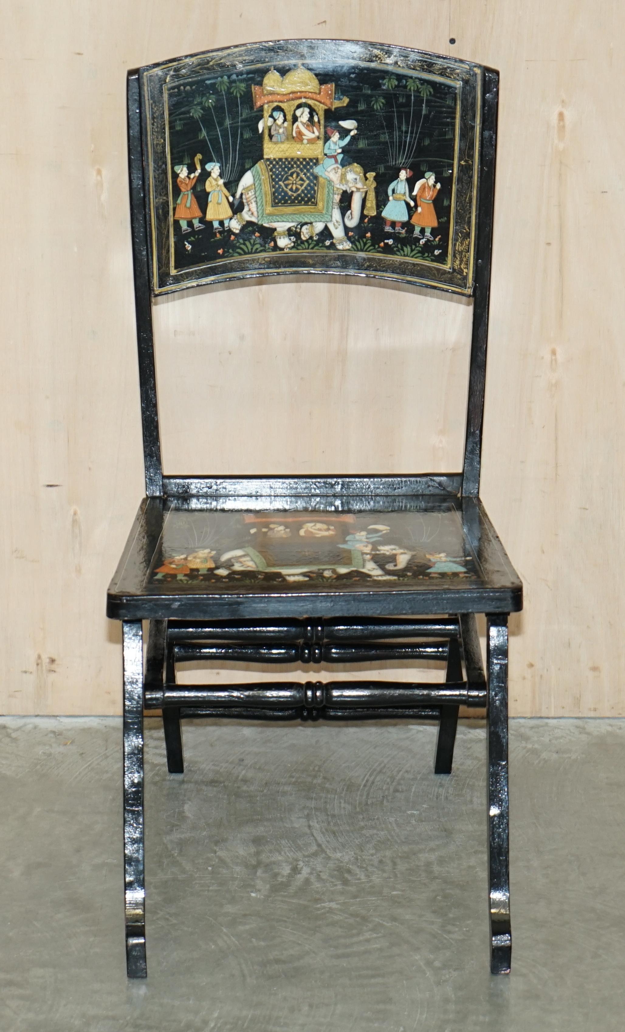 Hand-Crafted Pair of Antique Chinese Chinoiserie Indian Decoration Campaign Folding Chairs For Sale