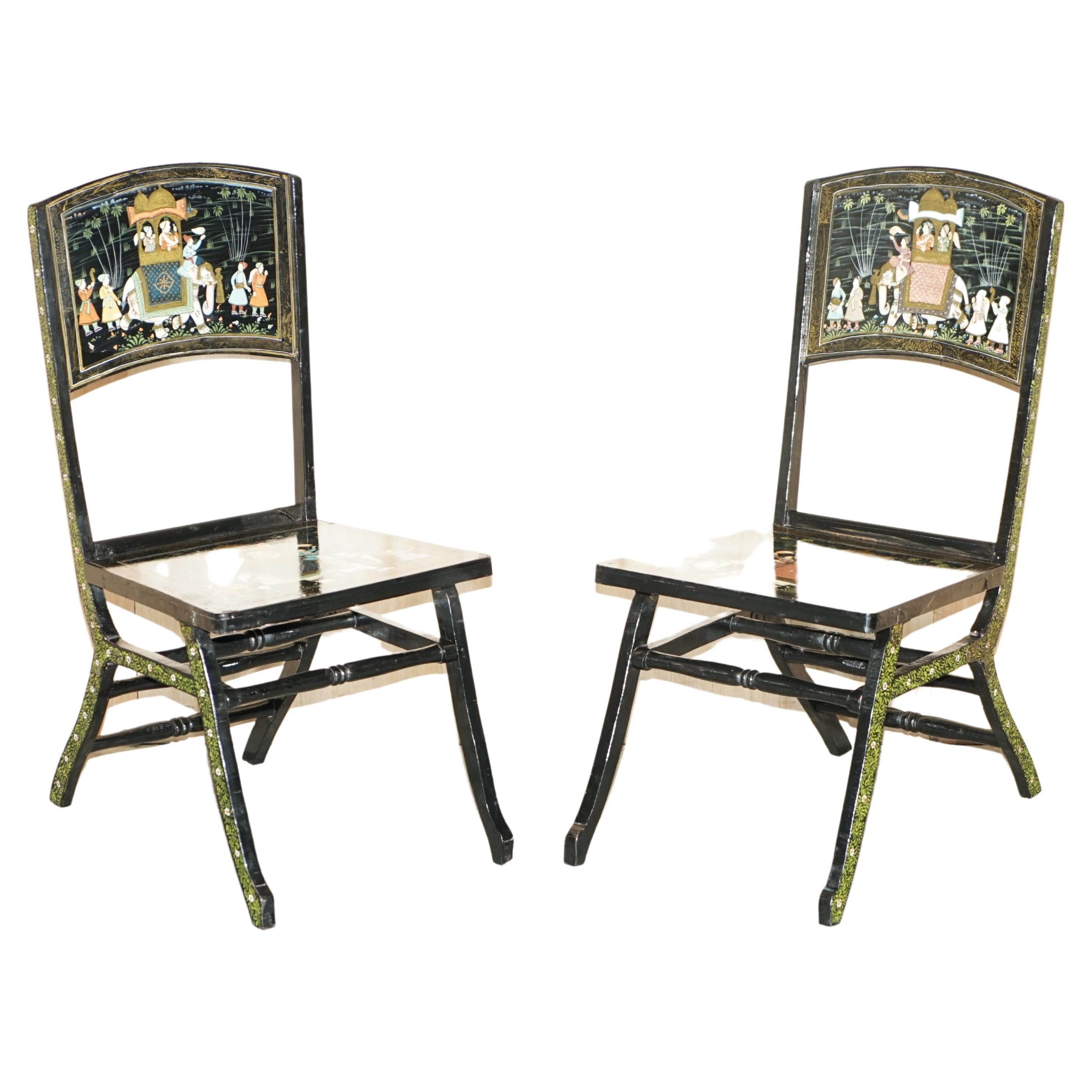 Pair of Antique Chinese Chinoiserie Indian Decoration Campaign Folding Chairs For Sale
