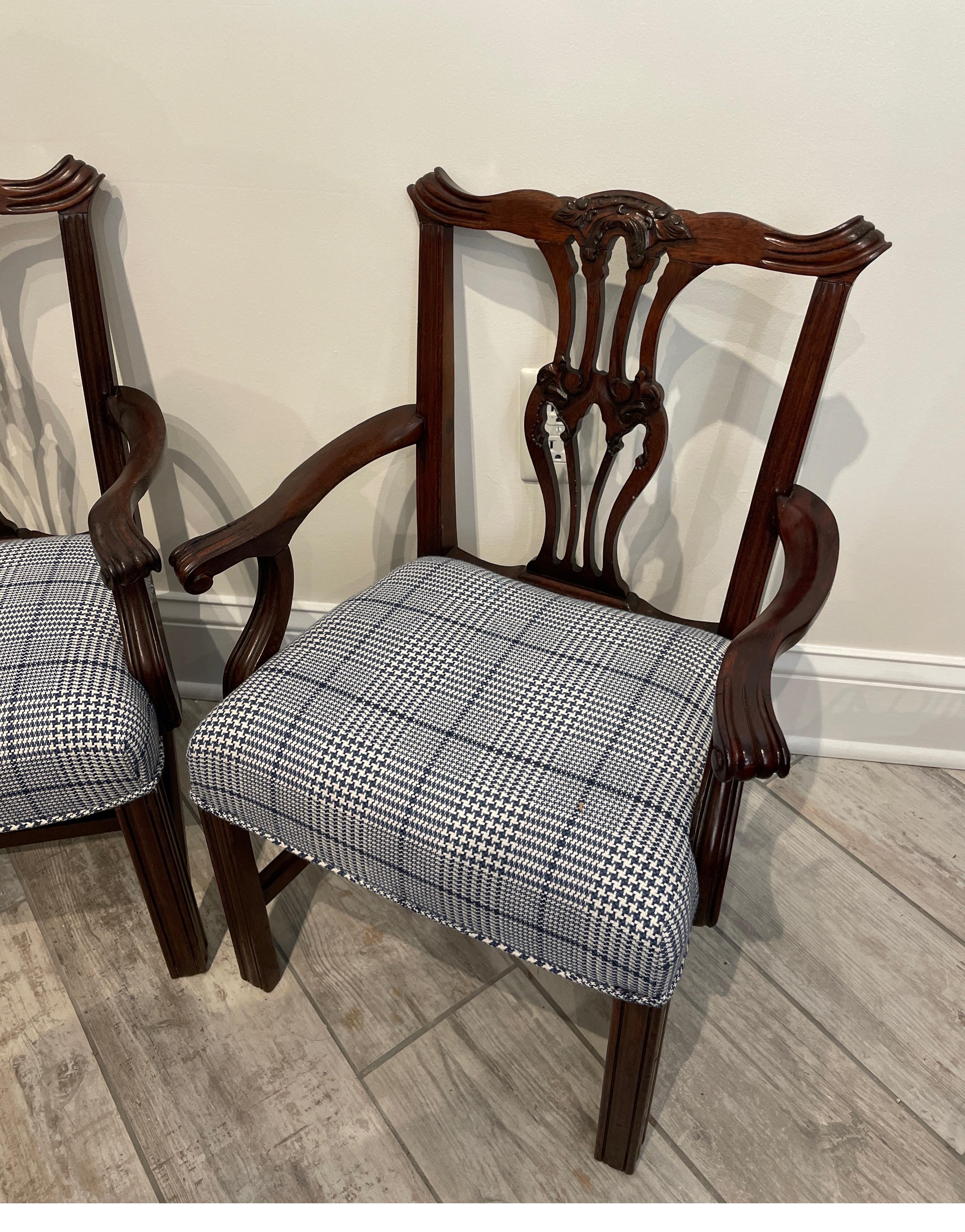 A wonderful pair of miniature Chinese Chippendale armchairs newly upholstered in blue & white glen plaid fabric. A truly fabulous example of miniature chairs. Use them anywhere to cause a stir.