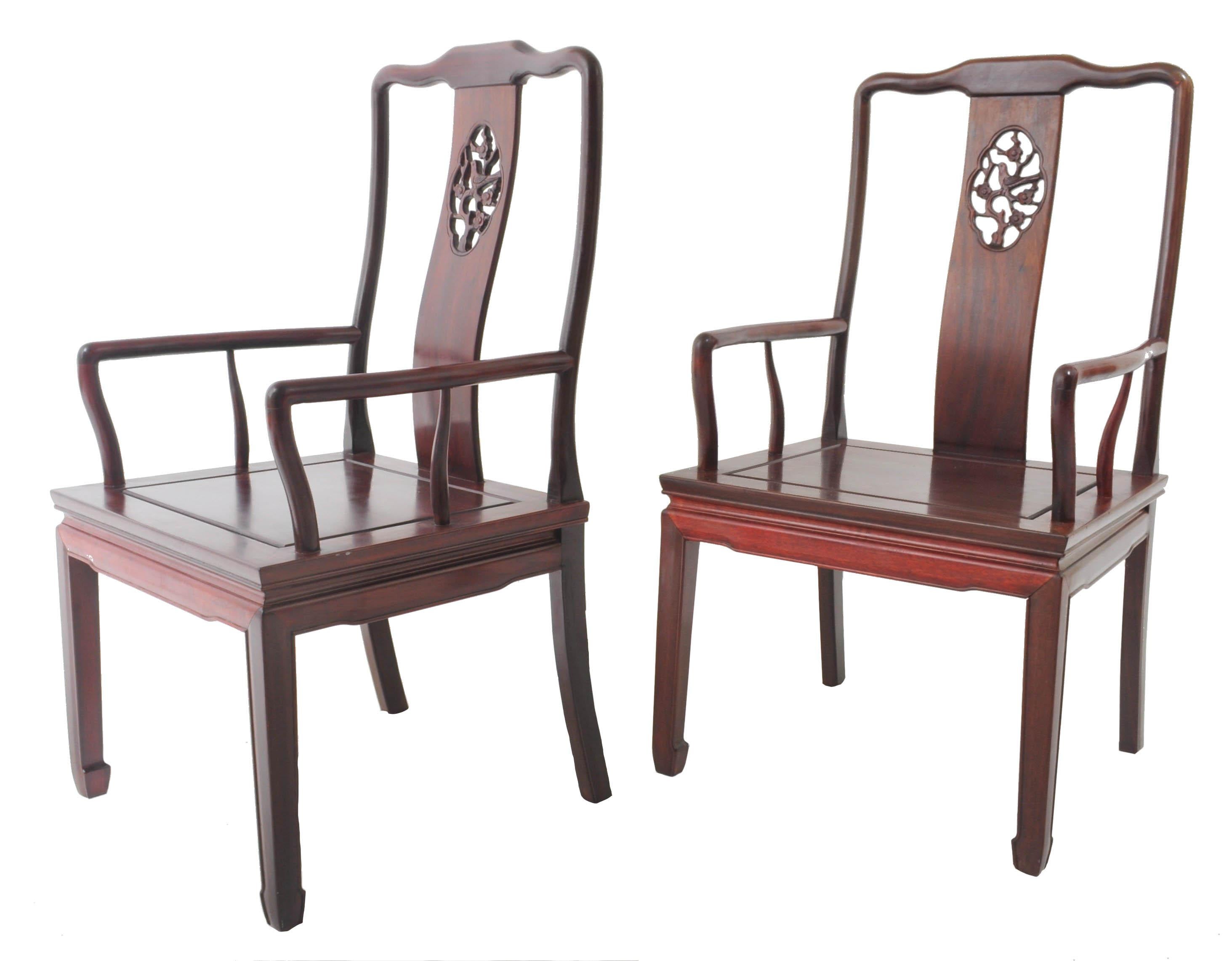 Carved Pair of Antique Chinese Chippendale Rosewood Armchairs, Qing Dynasty, circa 1900 For Sale