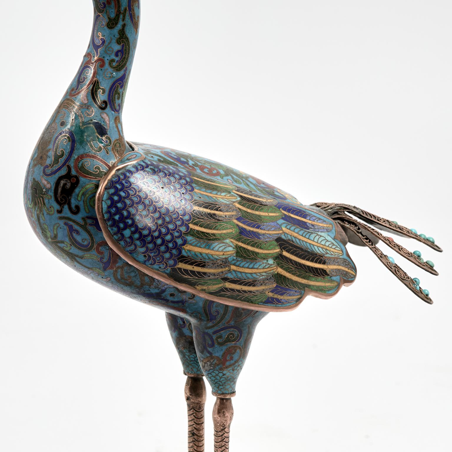 Coppia di antichi uccelli cinesi in cloisonne in vendita 3