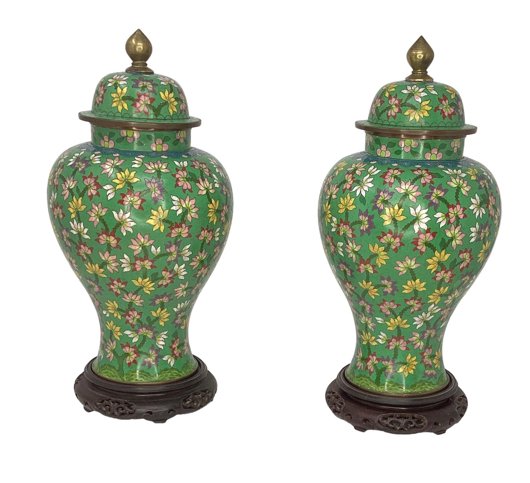 Early 20th Century Pair of Antique Chinese Cloisonné Covered Ginger Jar Vases