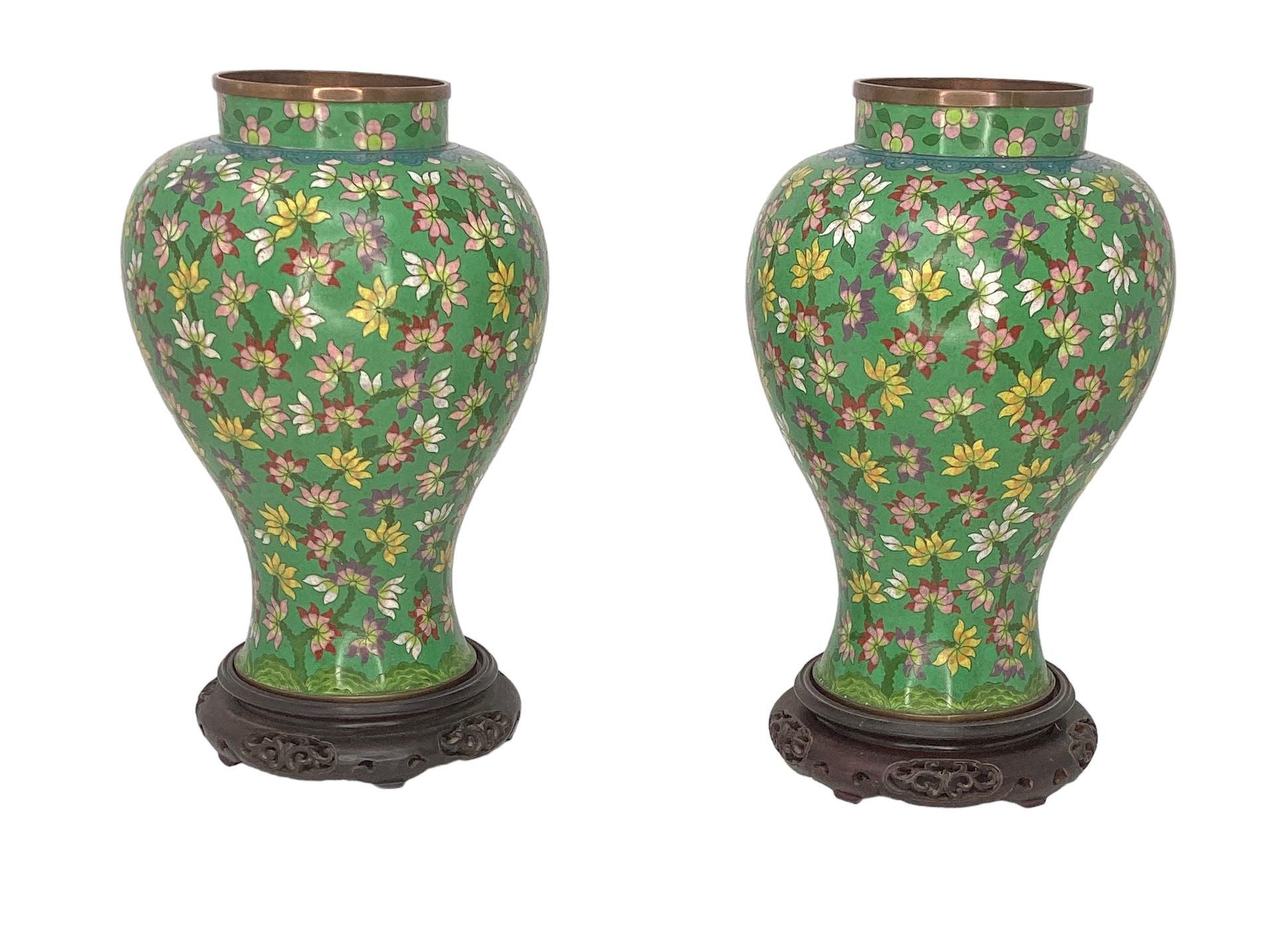 Metal Pair of Antique Chinese Cloisonné Covered Ginger Jar Vases