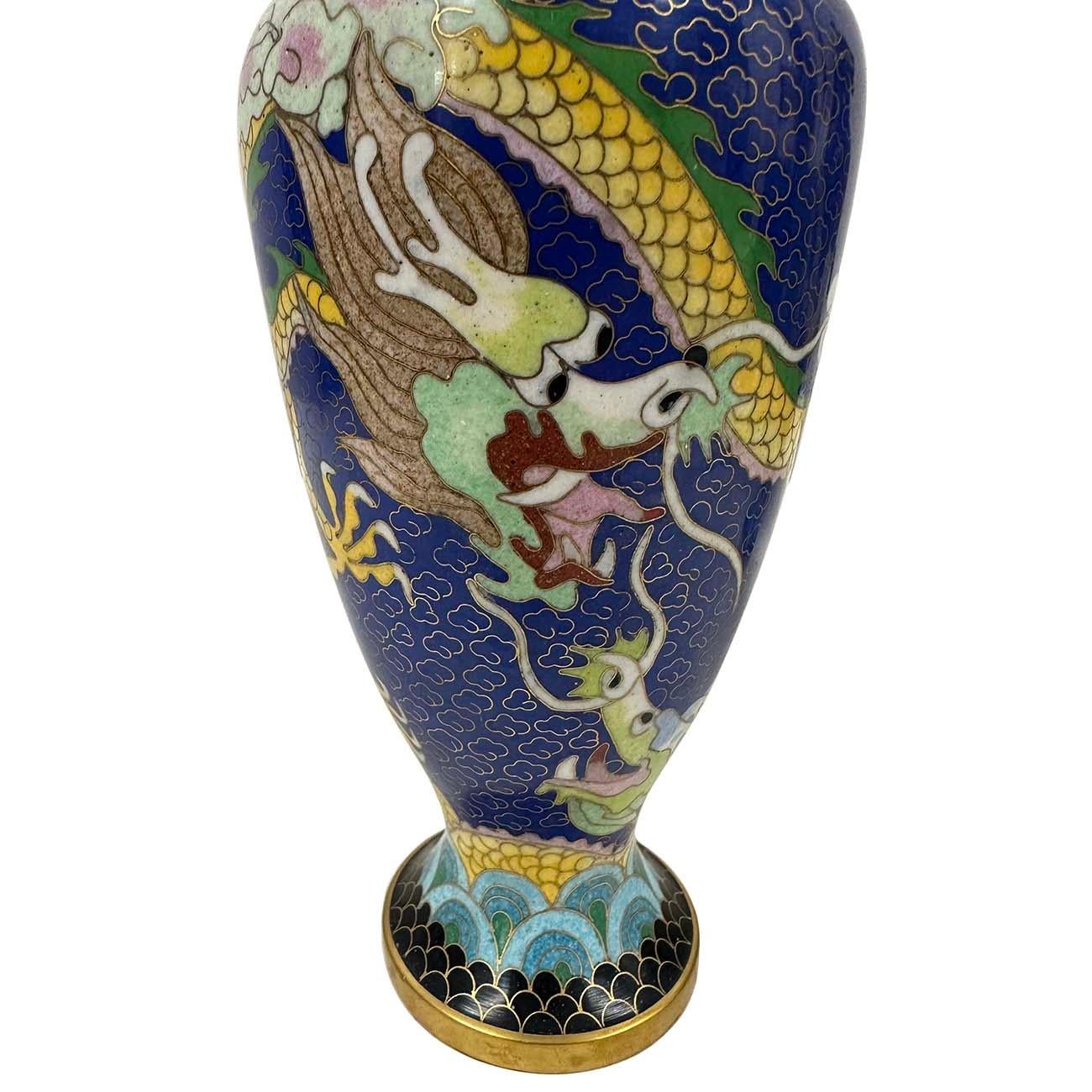 Cloissoné Pair of Antique Chinese Cloisonne Dragon Vases For Sale