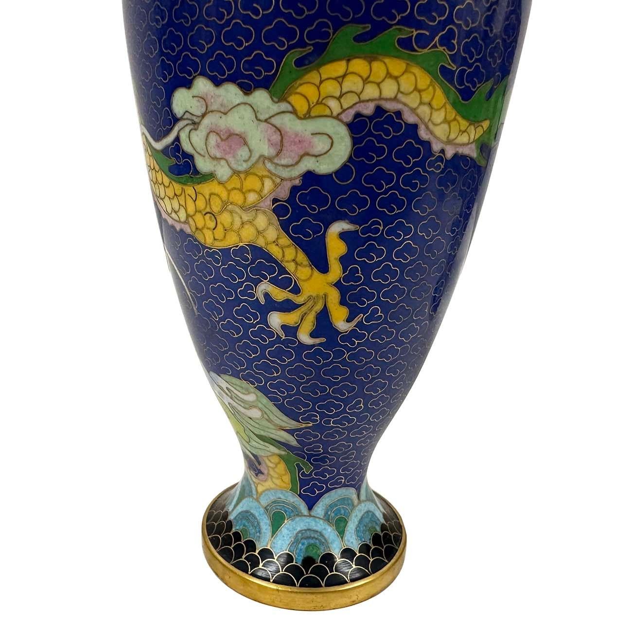 20th Century Pair of Antique Chinese Cloisonne Dragon Vases For Sale