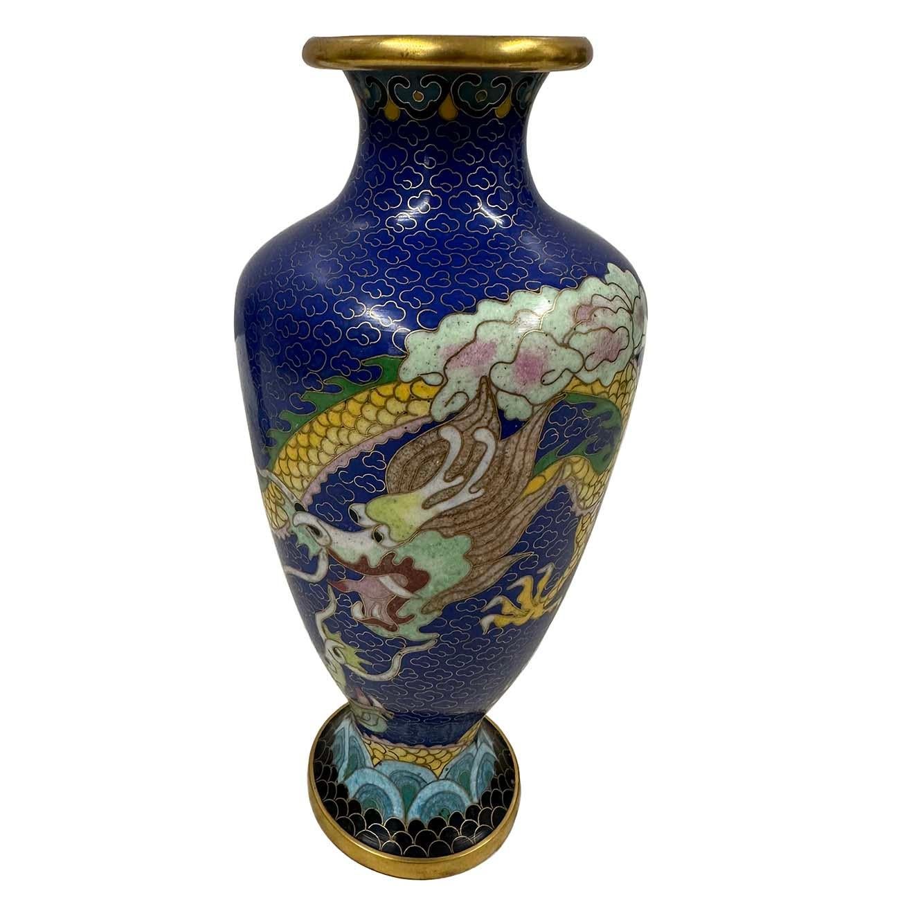 Metal Pair of Antique Chinese Cloisonne Dragon Vases For Sale