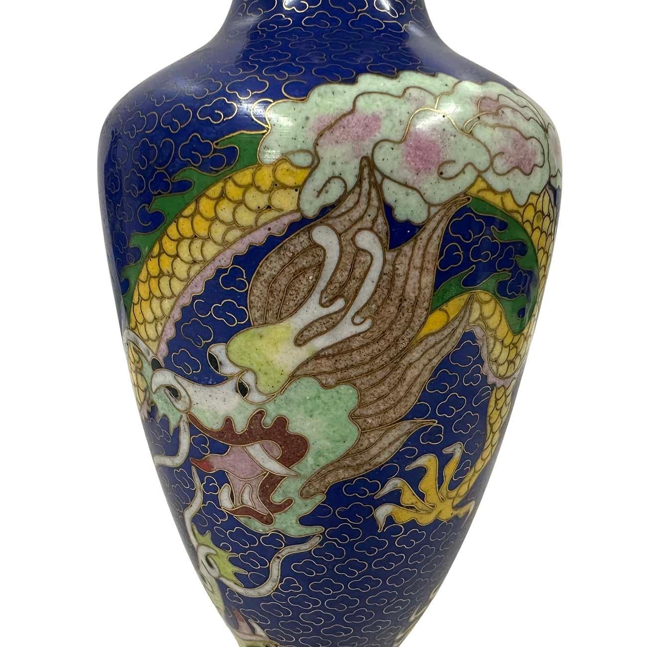 Pair of Antique Chinese Cloisonne Dragon Vases For Sale 1