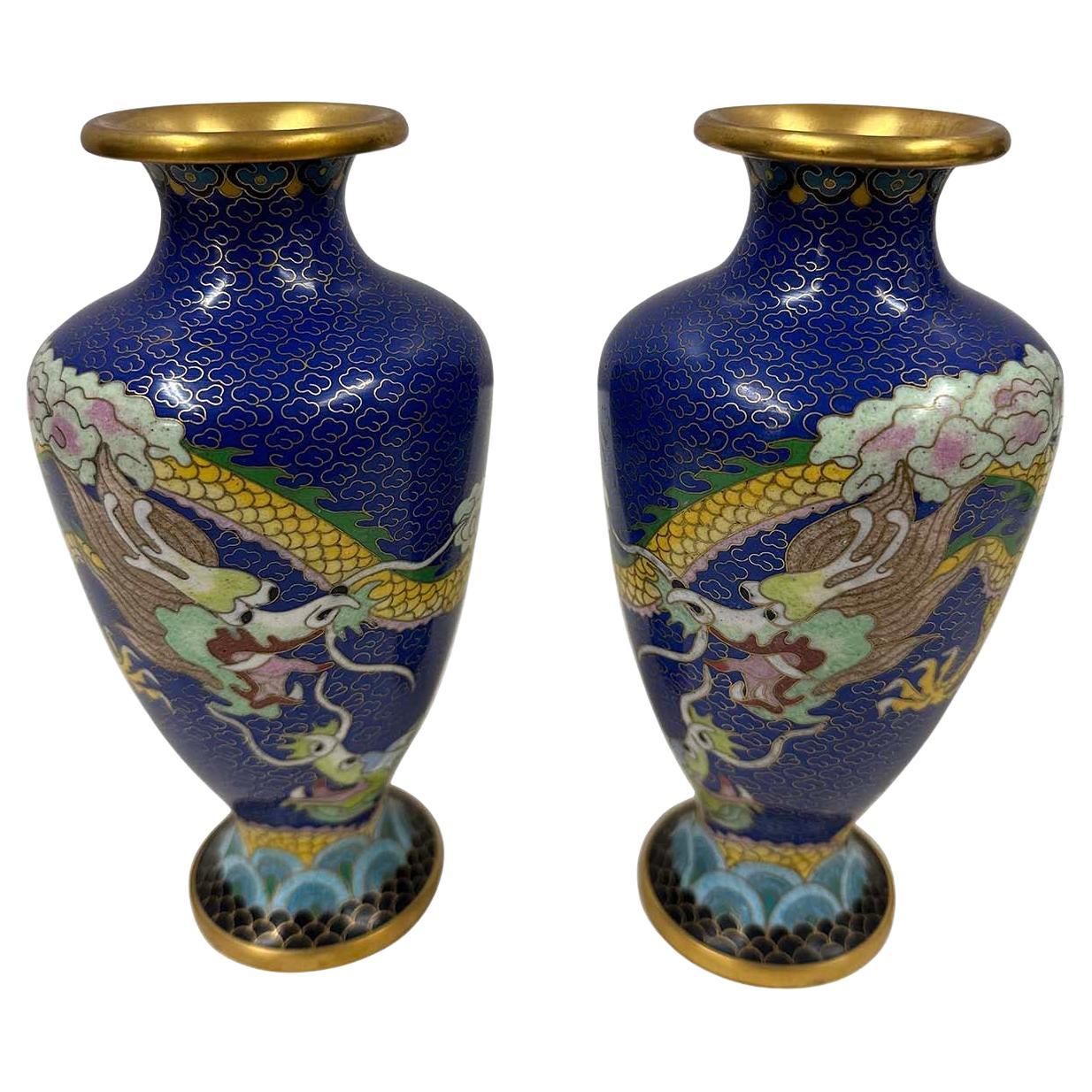 Pair of Antique Chinese Cloisonne Dragon Vases For Sale