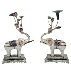 Pair of Antique Chinese Cloisonne Elephants with Lotus Flowers