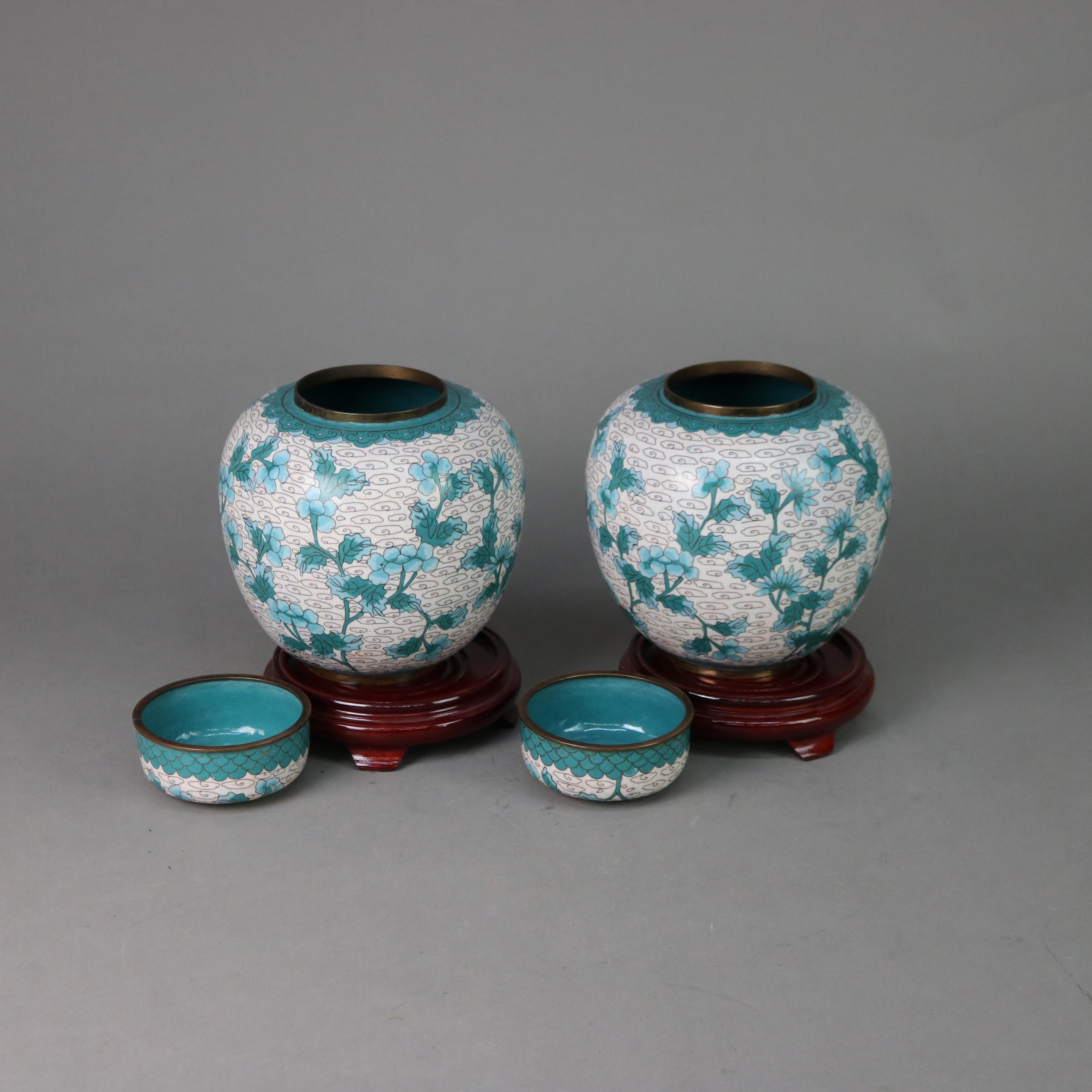 20th Century Pair of Antique Chinese Cloisonne Floral Enameled Covered Urns C1930