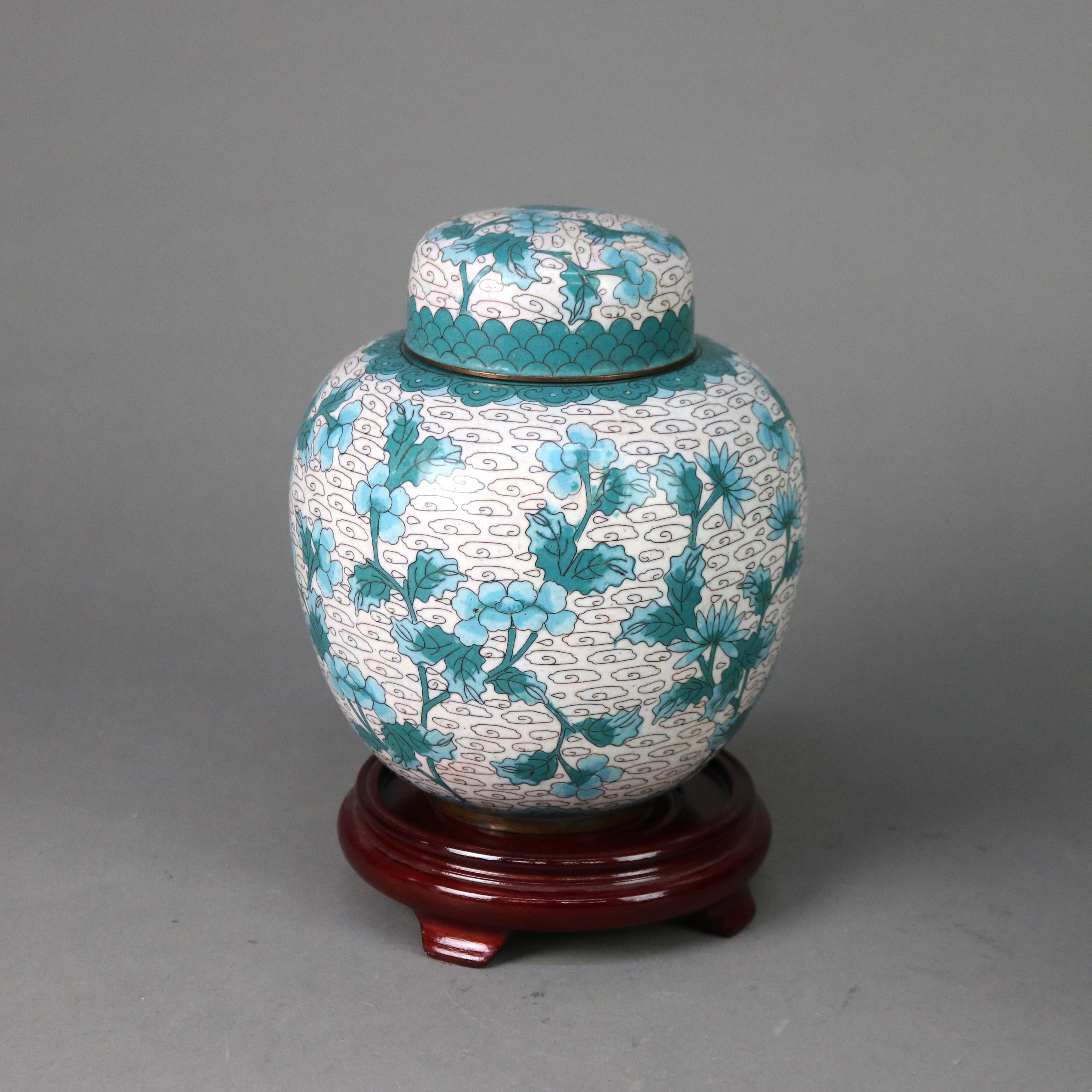 Metal Pair of Antique Chinese Cloisonne Floral Enameled Covered Urns C1930
