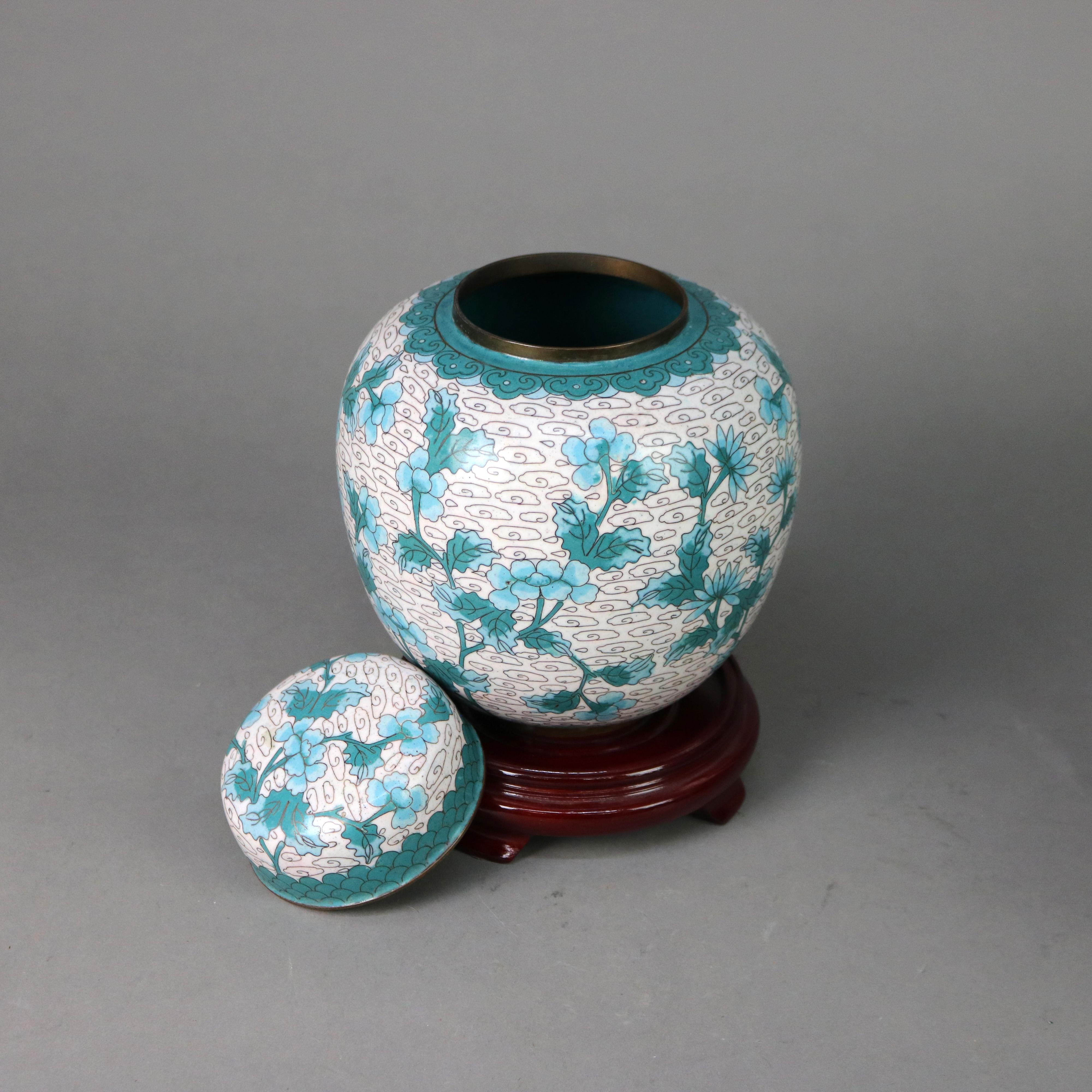 Pair of Antique Chinese Cloisonne Floral Enameled Covered Urns C1930 1