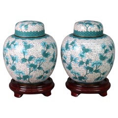 Pair of Antique Chinese Cloisonne Floral Enameled Covered Urns C1930