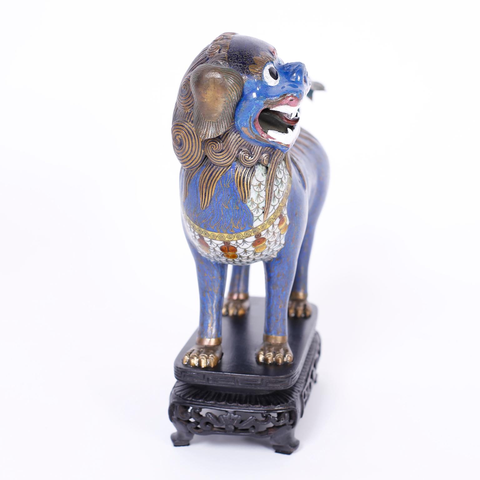 20th Century Pair of Antique Chinese Cloisonné Foo Lions For Sale