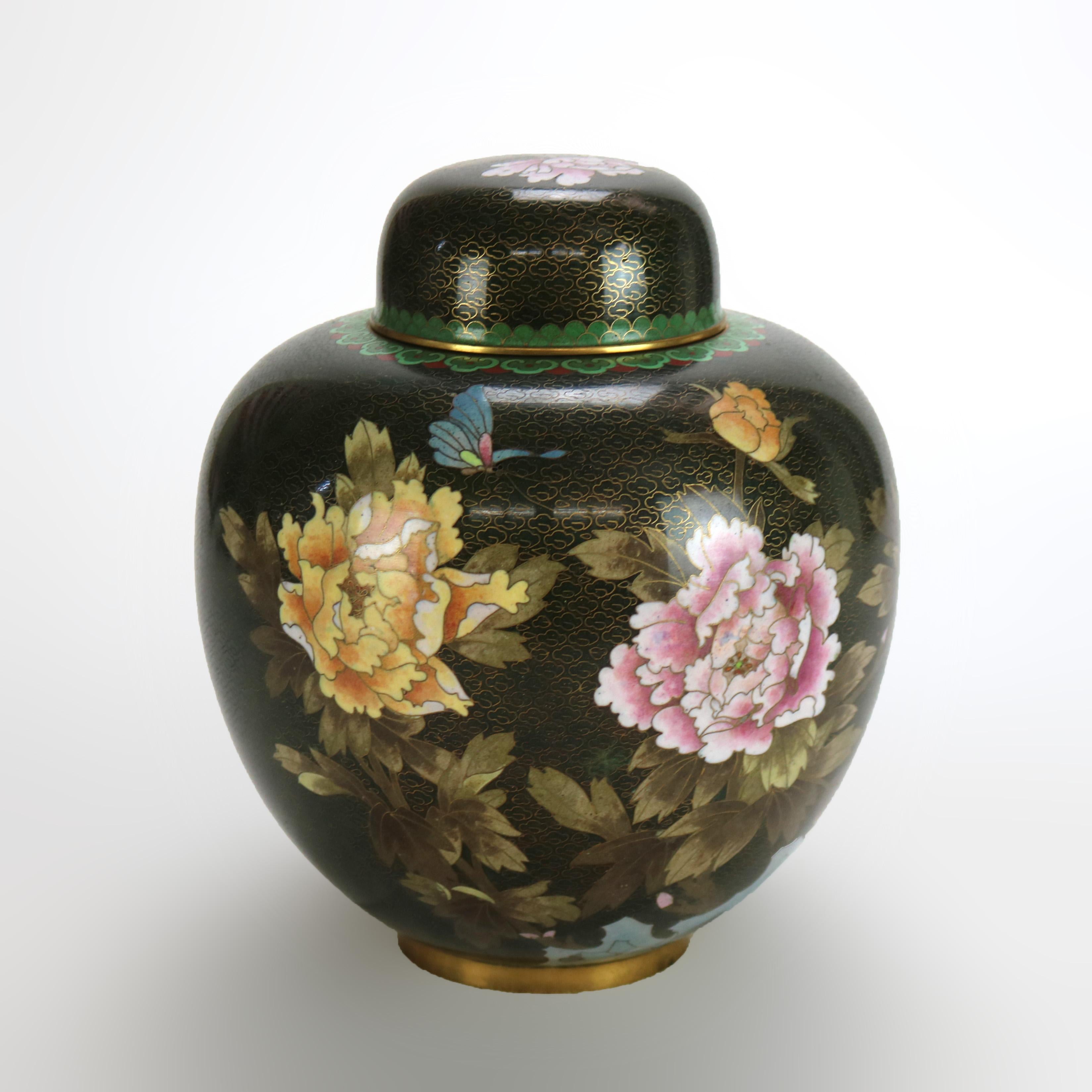 Pair of Antique Chinese Cloisonne Ginger Jars with Garden Flowers C1920 In Good Condition For Sale In Big Flats, NY
