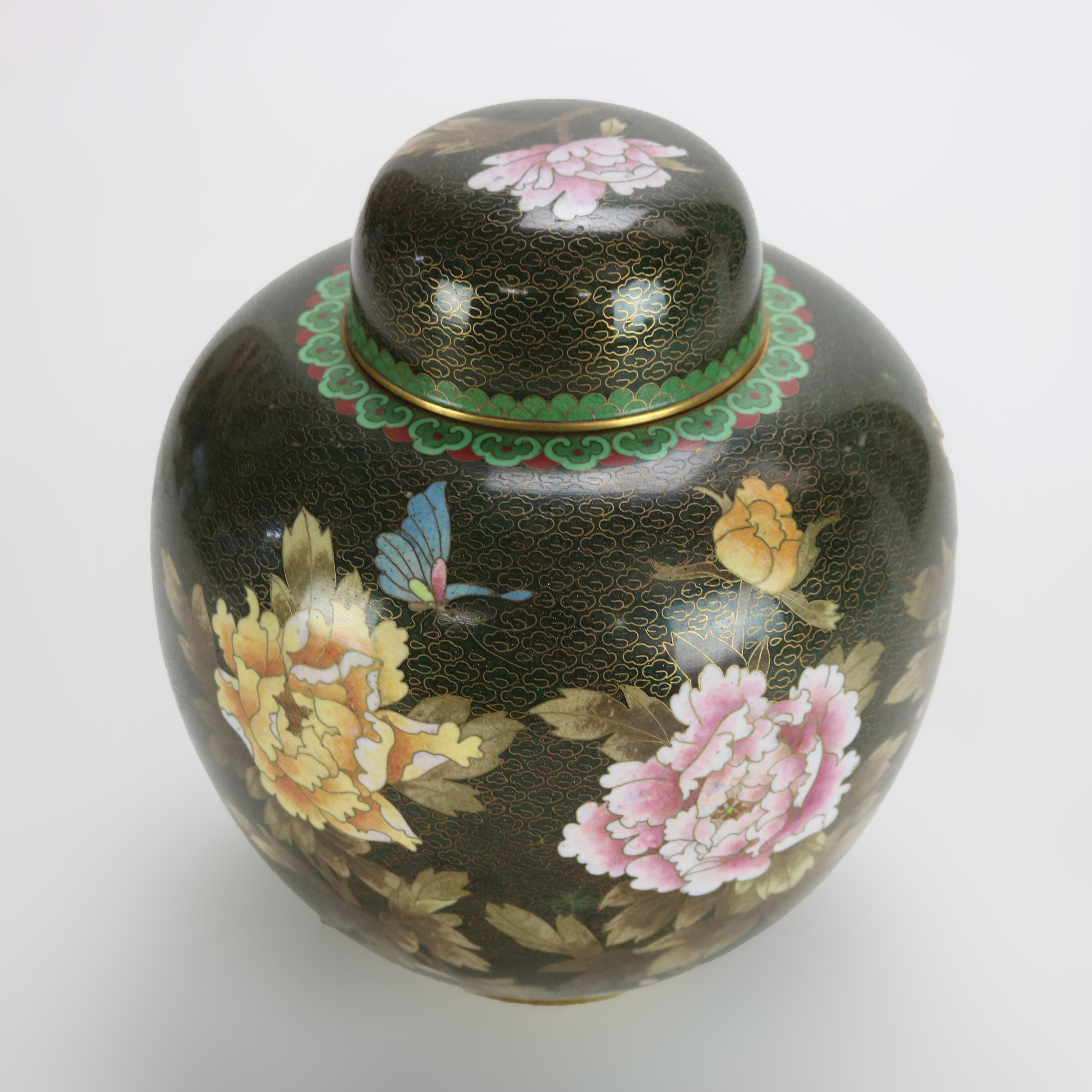 20th Century Pair of Antique Chinese Cloisonne Ginger Jars with Garden Flowers C1920 For Sale