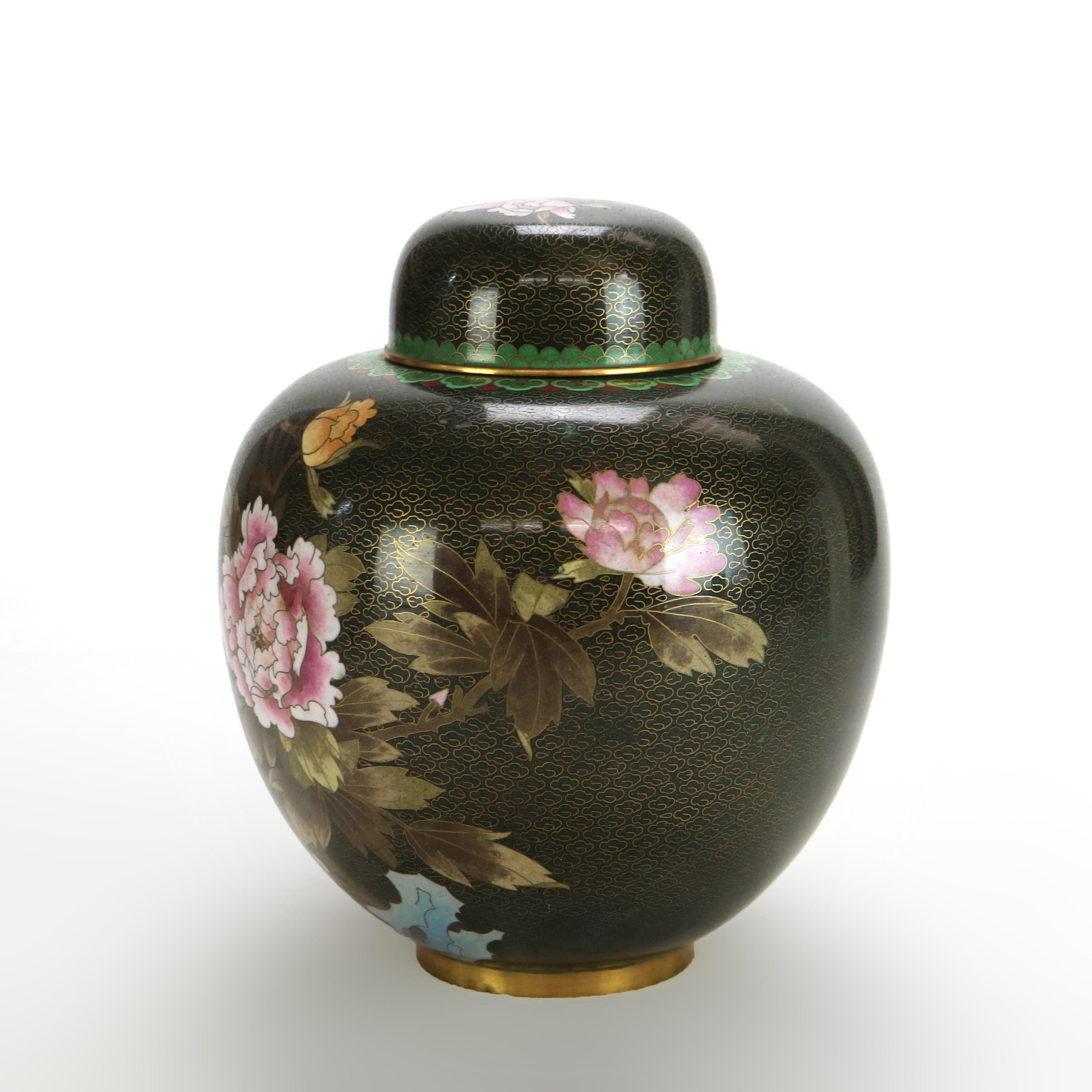 Metal Pair of Antique Chinese Cloisonne Ginger Jars with Garden Flowers C1920 For Sale