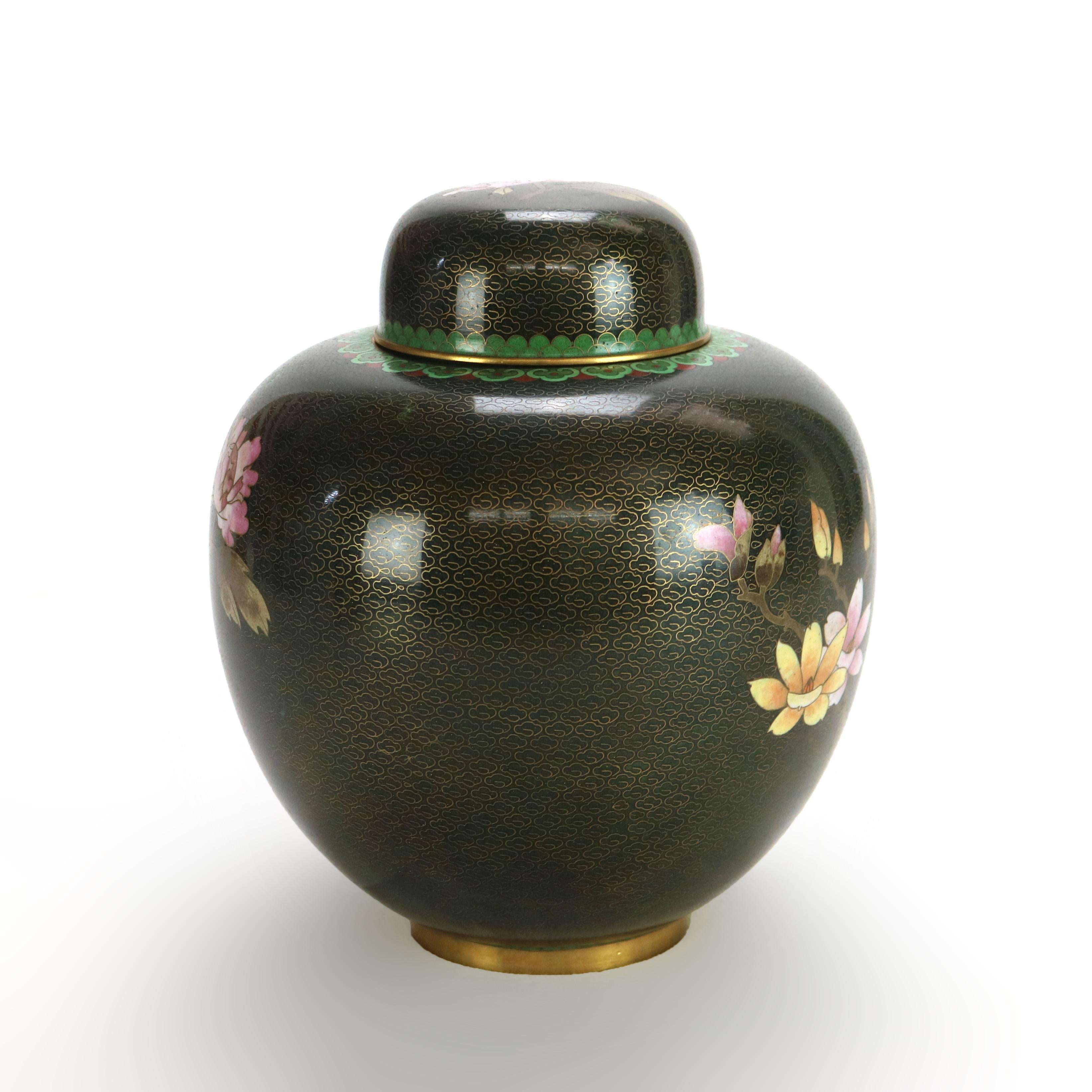 Pair of Antique Chinese Cloisonne Ginger Jars with Garden Flowers C1920 For Sale 1