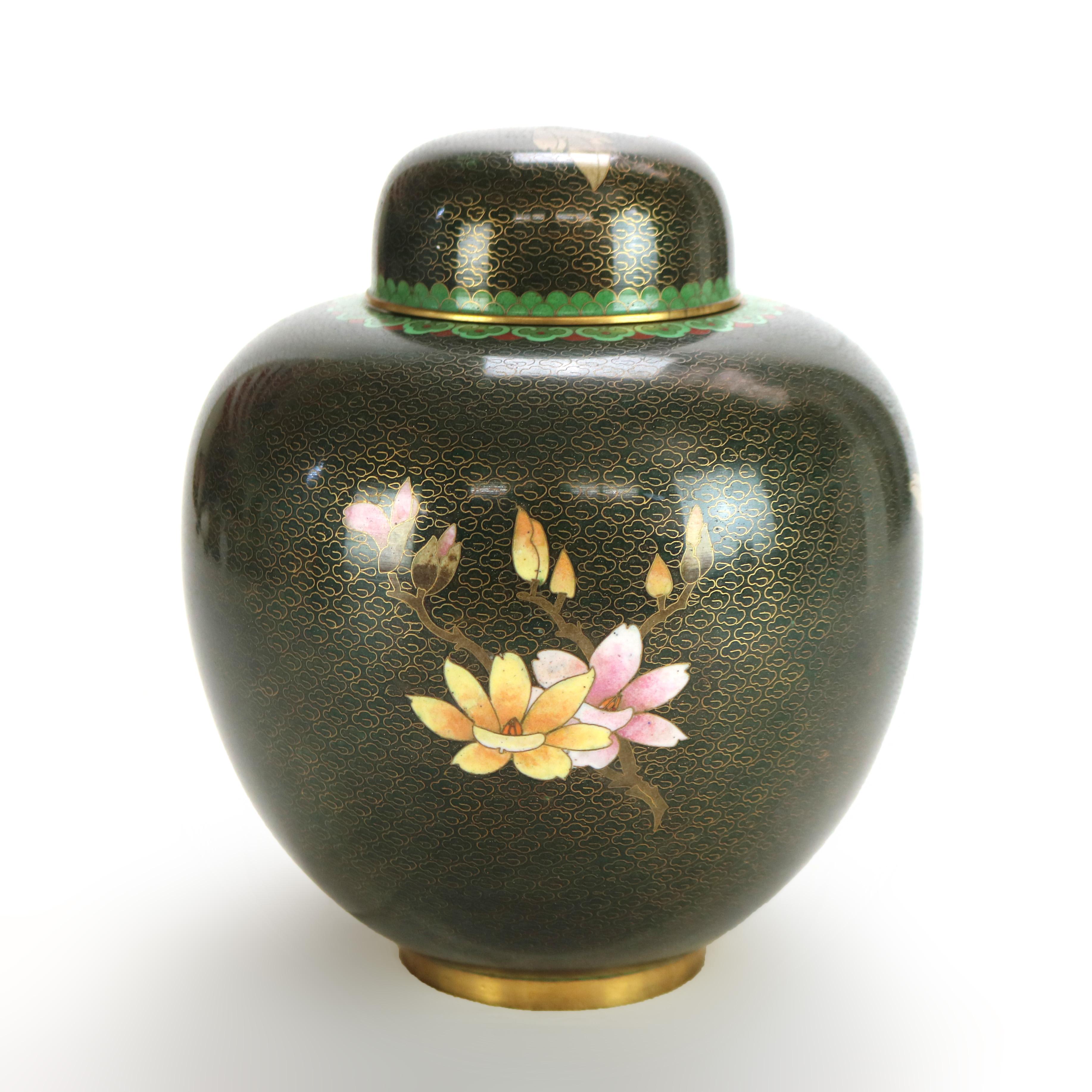 Pair of Antique Chinese Cloisonne Ginger Jars with Garden Flowers C1920 For Sale 2