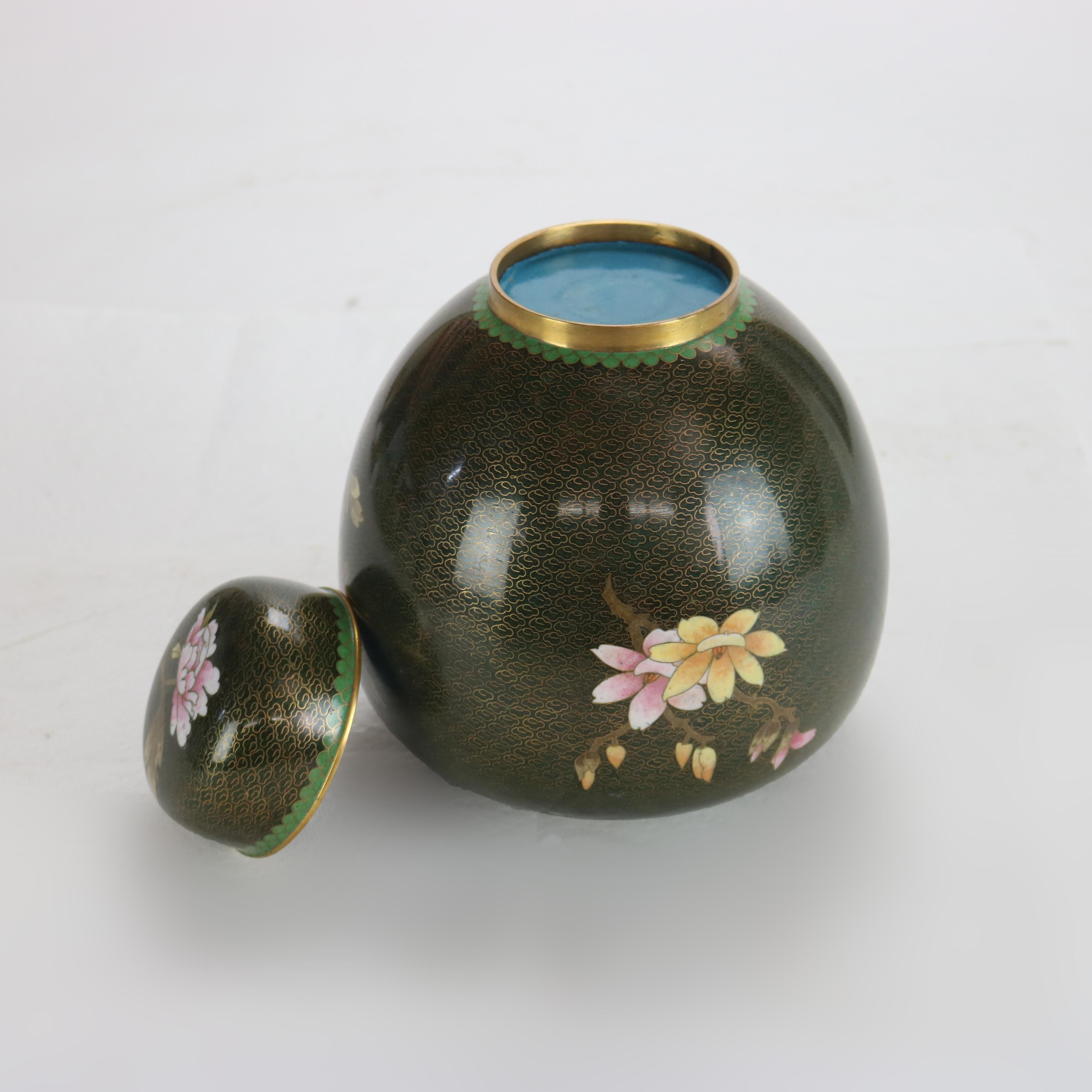 Pair of Antique Chinese Cloisonne Ginger Jars with Garden Flowers C1920 For Sale 3