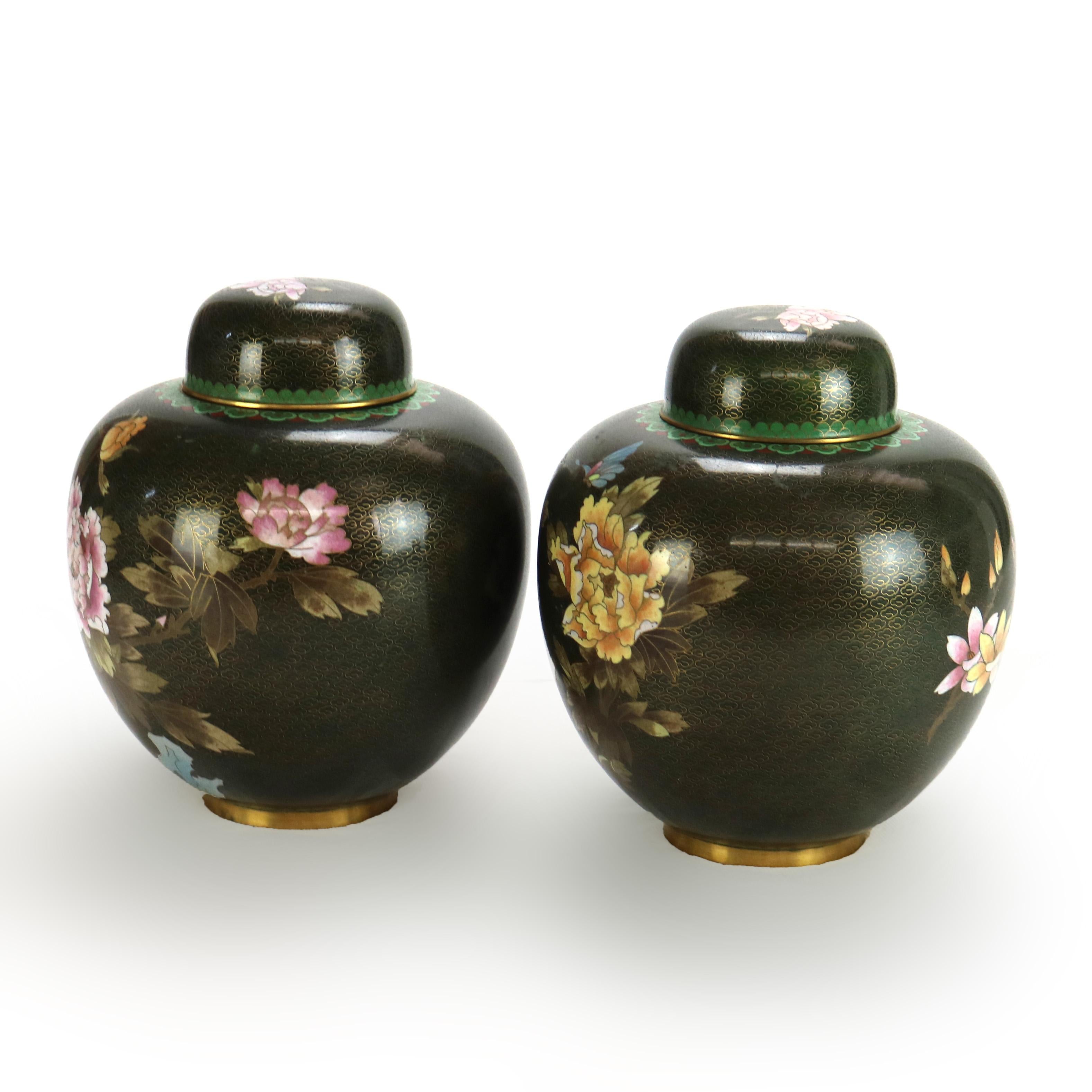 Pair of Antique Chinese Cloisonne Ginger Jars with Garden Flowers C1920 For Sale 4