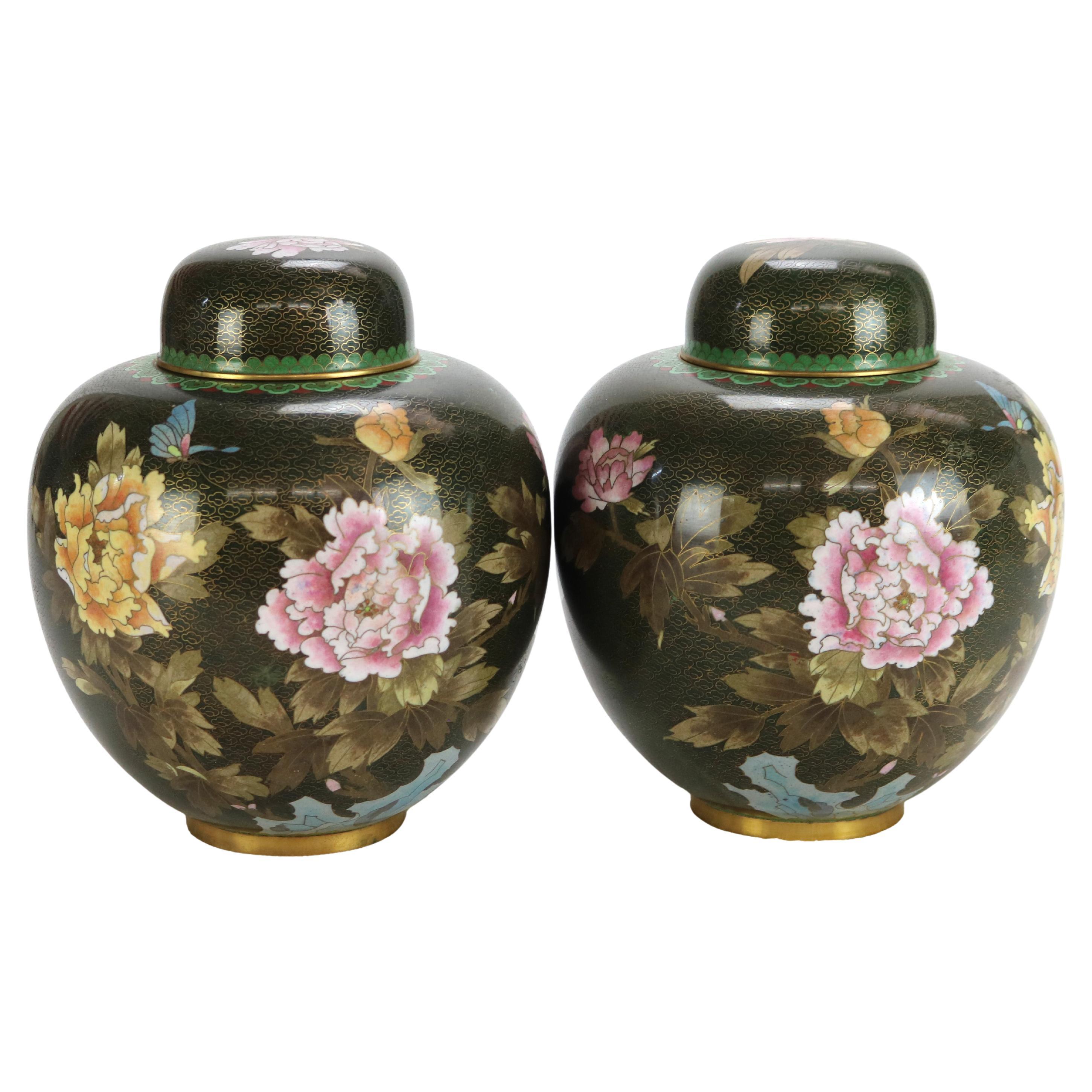 Pair of Antique Chinese Cloisonne Ginger Jars with Garden Flowers C1920 For Sale