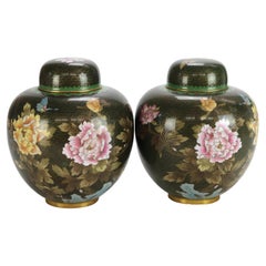 Pair of Antique Chinese Cloisonne Ginger Jars with Garden Flowers C1920