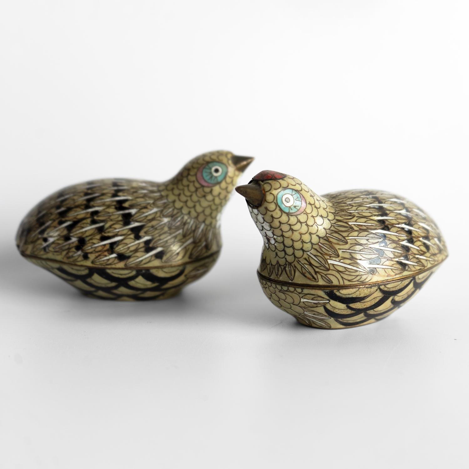 Pareja De Antiguas Cajas Chinas De Cloisonné Para Codornices, Dinastía Qing, Finales Siglo XIX Esmalte en venta