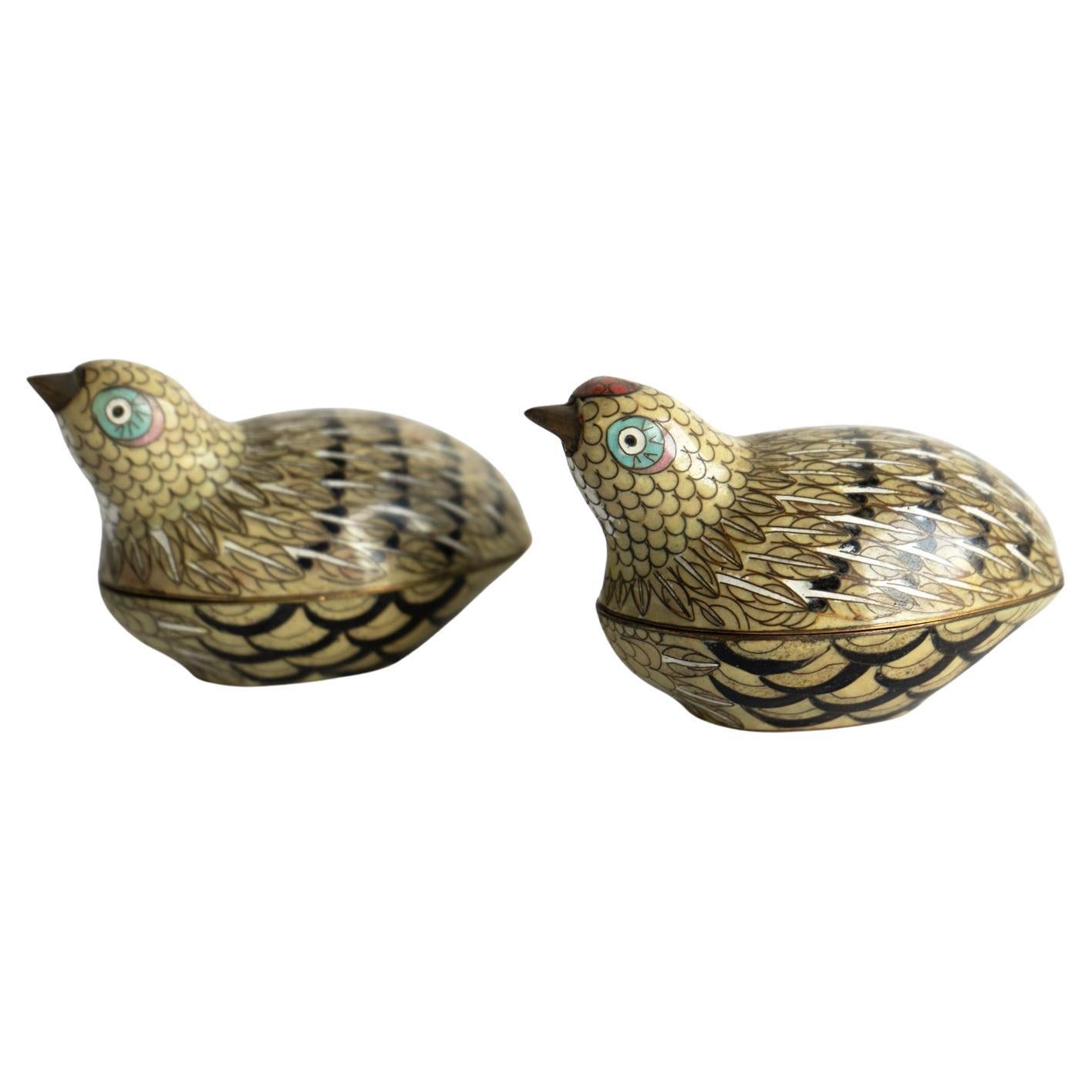 Pareja De Antiguas Cajas Chinas De Cloisonné Para Codornices, Dinastía Qing, Finales Siglo XIX