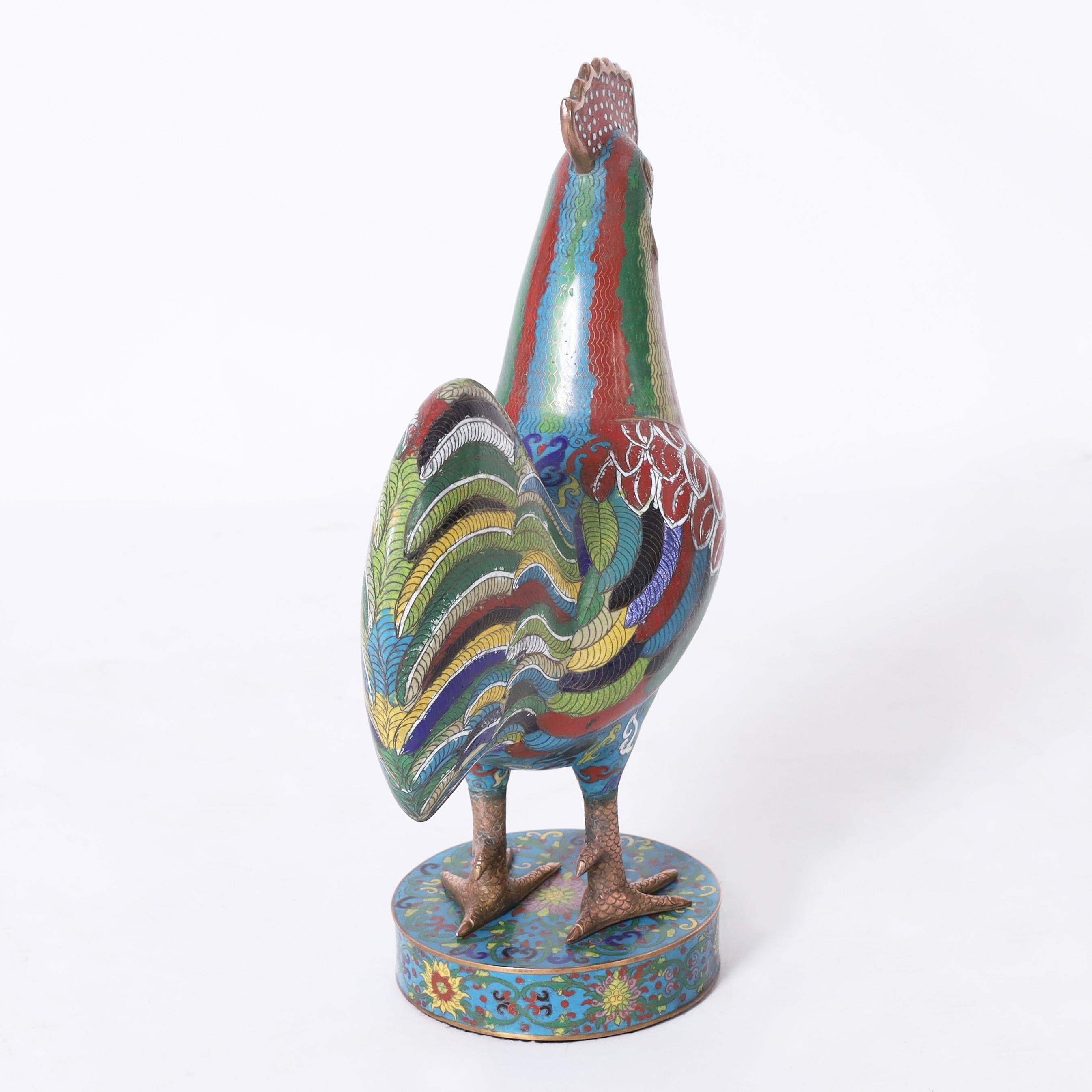Chinese Export Pair of Antique Chinese Cloisonne Roosters For Sale